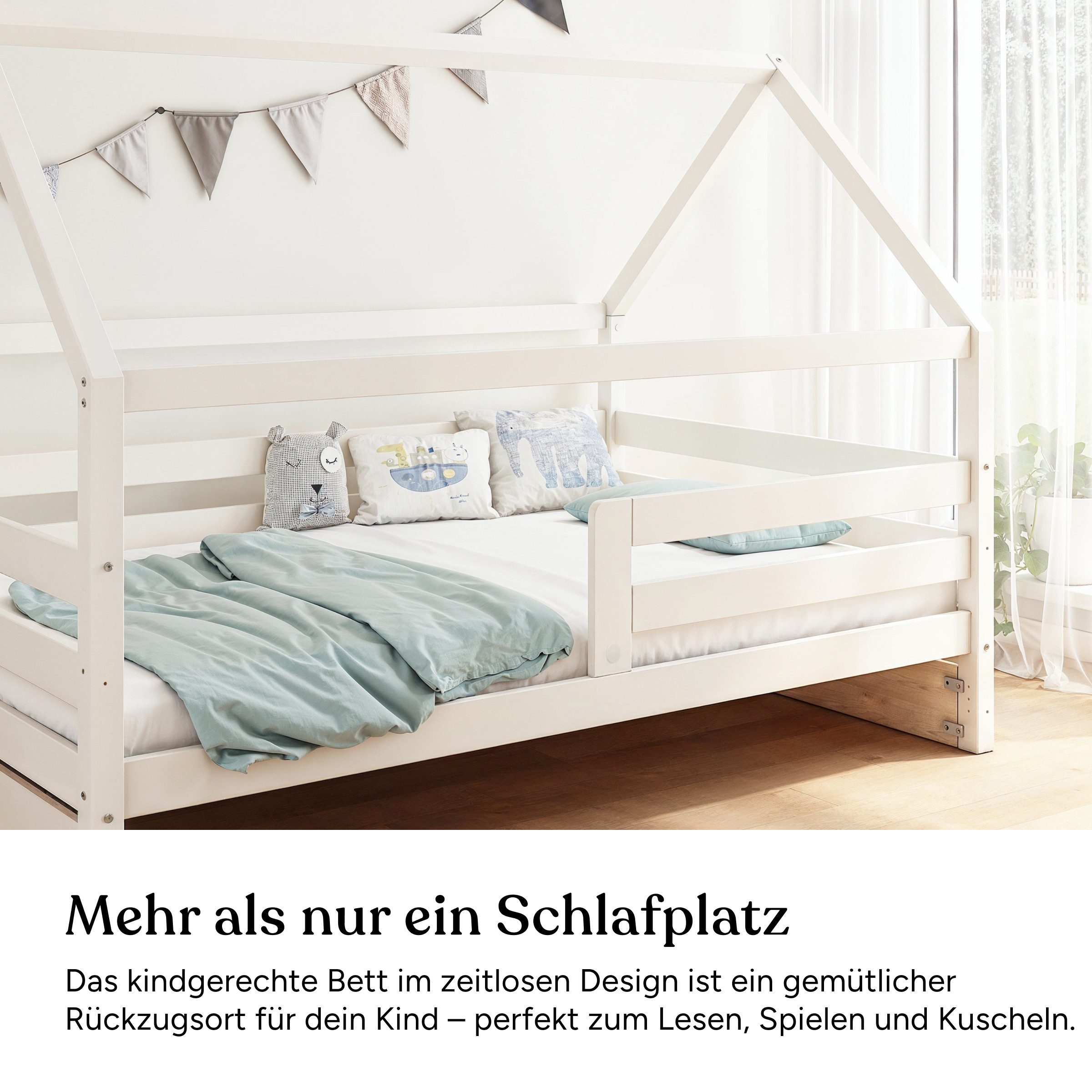 Ehrenkind Hausbett Sona aus FSC®-zertifiziertem Kiefernholz, höhenverstellbar (90x200 cm mit Doppelschublade, inkl. Rollrost und abnehmbarem Rausfallschutz), 2-in-1 Bett – bodentief oder in Standardhöhe aufbaubar