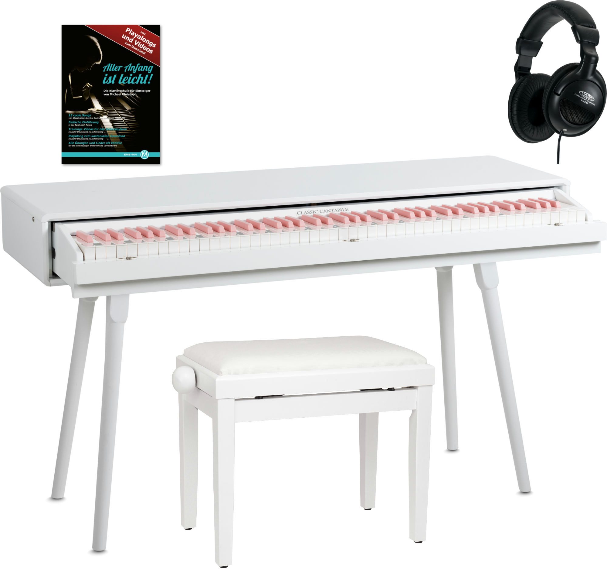 Classic Cantabile Digitalpiano DP-730 WP Weiß matt Deluxe Set (Set, inklusive Kopfhörer, Klavierbank und Klavierschule), Tisch mit eingebautem Digitalpiano 88 Tasten mit Hammermechanik