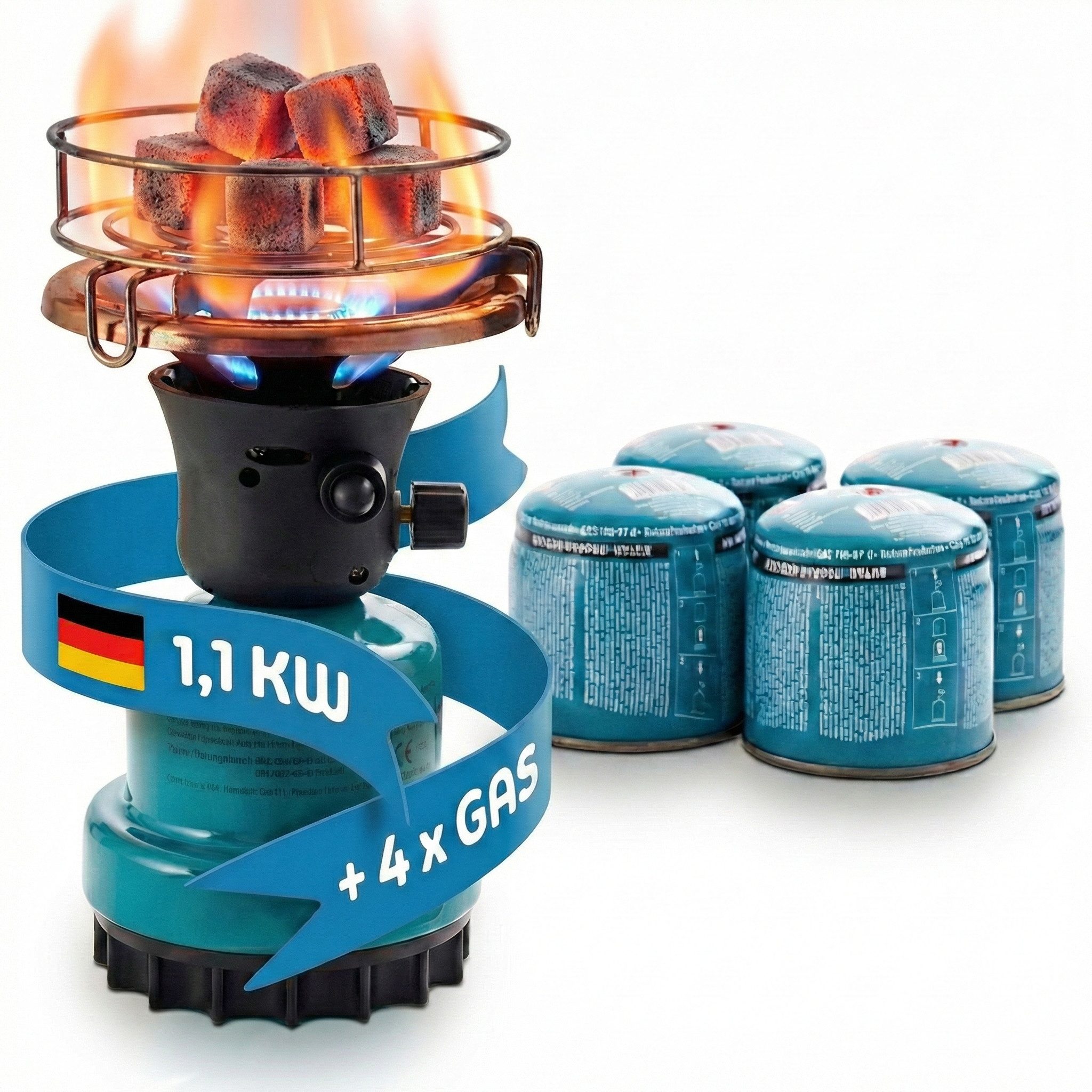 TOM Gaskocher Campingkocher optional mit 4x190g Gas Kartuschen CG-190 Butan Gas, (5-St), 1100W, Piezozündung, Windschutz, Stechkartuschen, Kartuschen Kocher
