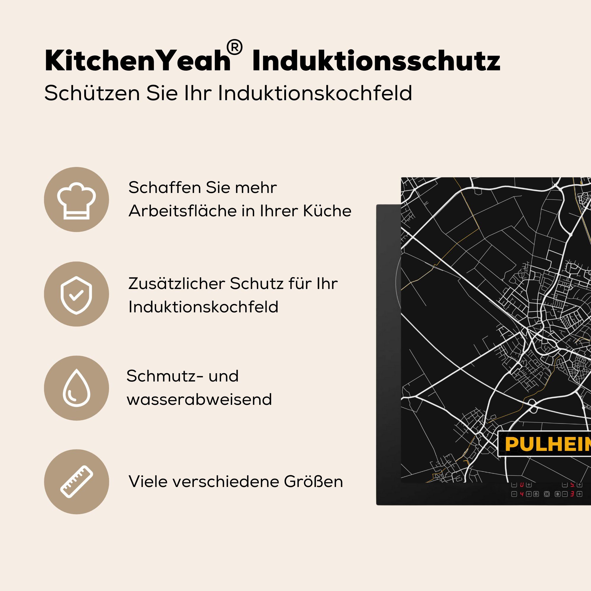 78x78 Ceranfeldabdeckung, Deutschland MuchoWow - - Arbeitsplatte - (1 - Herdblende-/Abdeckplatte Vinyl, Karte für cm, Stadtplan Gold, küche Pulheim tlg),