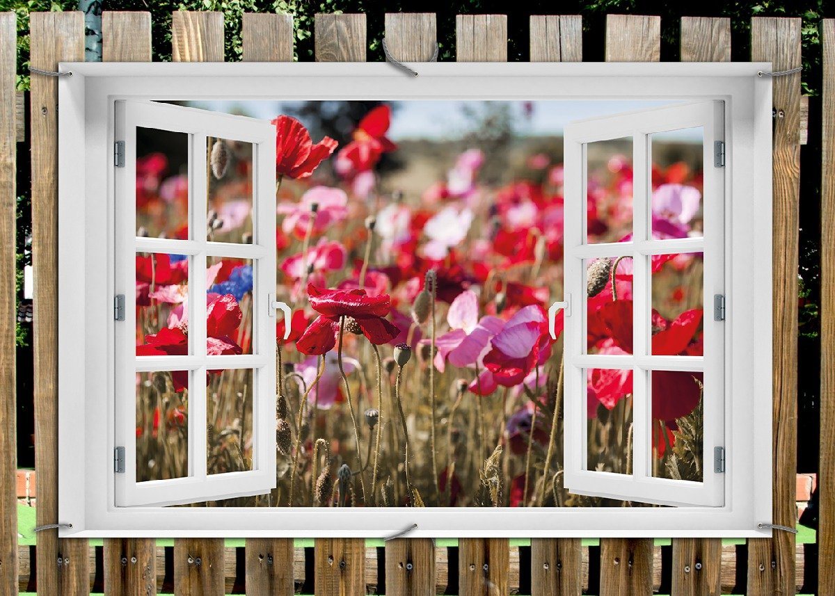Thumbnail - Wallario Sichtschutzzaunmatten Mohnblumen am Rande eines Feldes, mit Fenster-Illusion