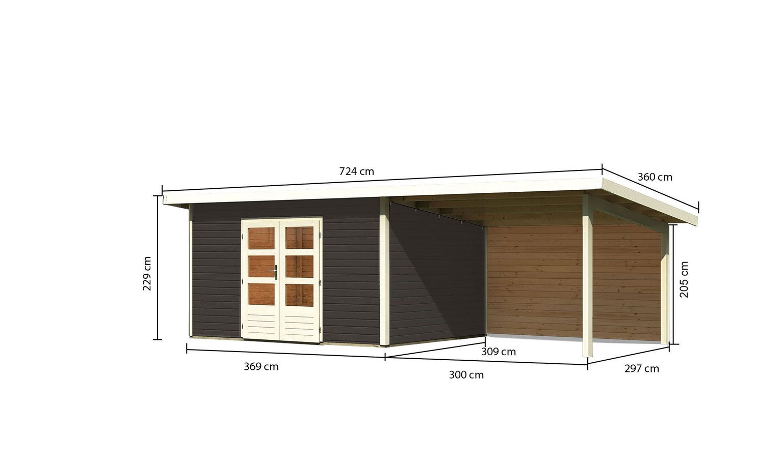 Karibu Gartenhaus Karibu Gartenhaus Northeim, 38 mm, 724 x 332 cm, Typ 4, terragrau, inkl. 3,3 m Anbaudach mit Rückw