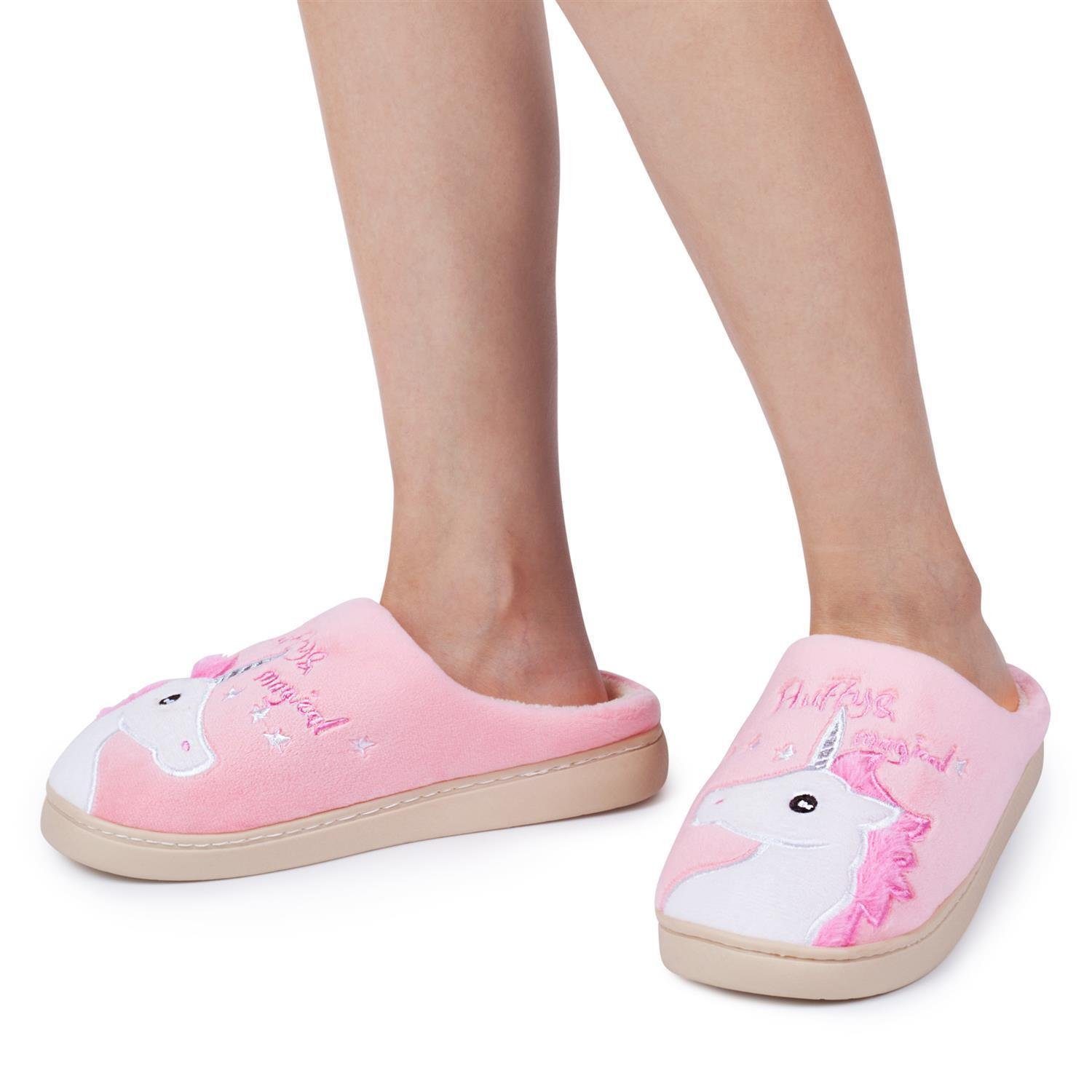 Katara Tier Pantoffeln Gr. 34-41 (Einhorn, Katze, Hase) Plüsch Hausschuhe Hausschuhe, weich, warm, süß, kuschelig, Plüsch Einhorn (Pink)