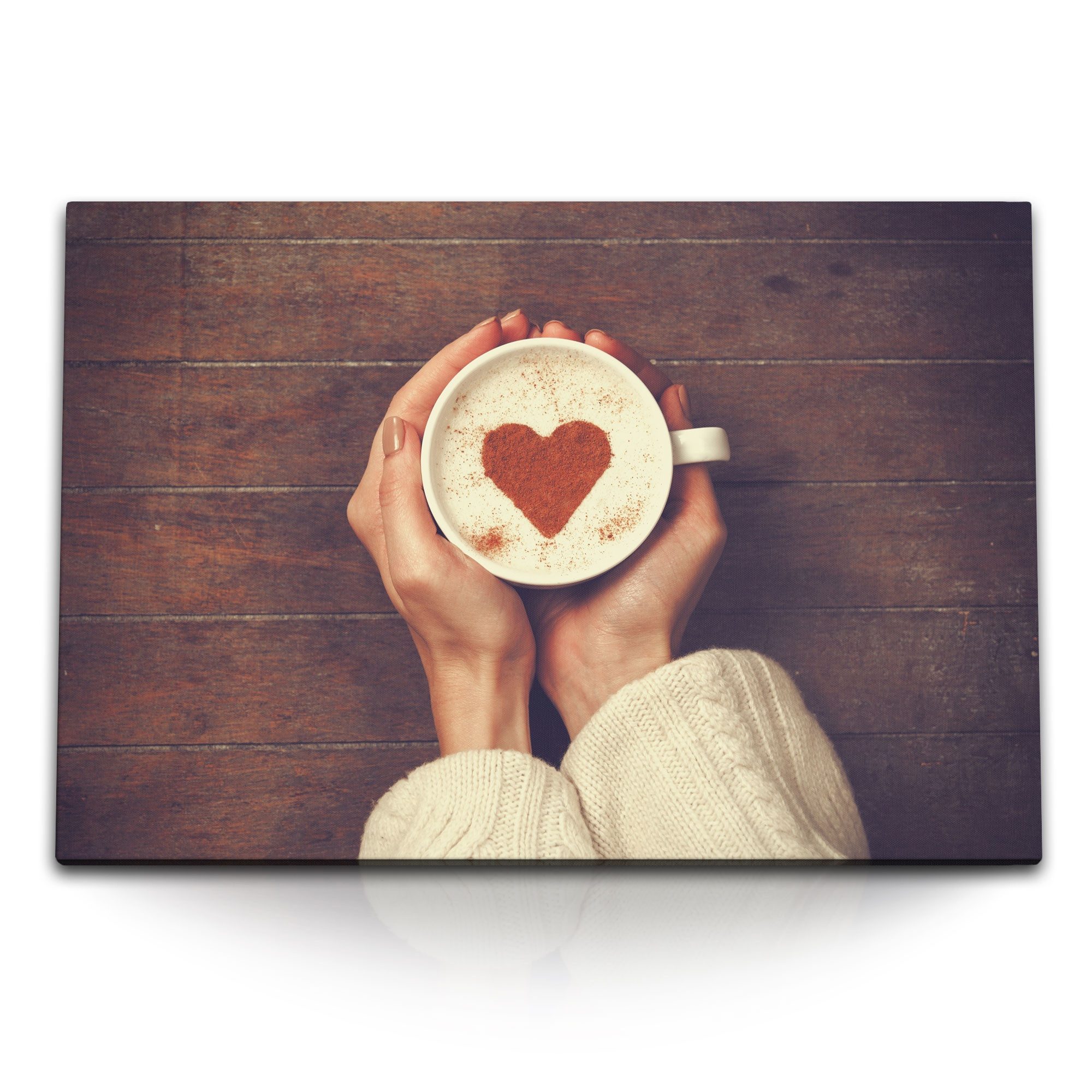 Sinus Art Leinwandbild 120x80cm Wandbild auf Leinwand Kaffee mit Herz Tee Zimt junge Frau, (1 St)