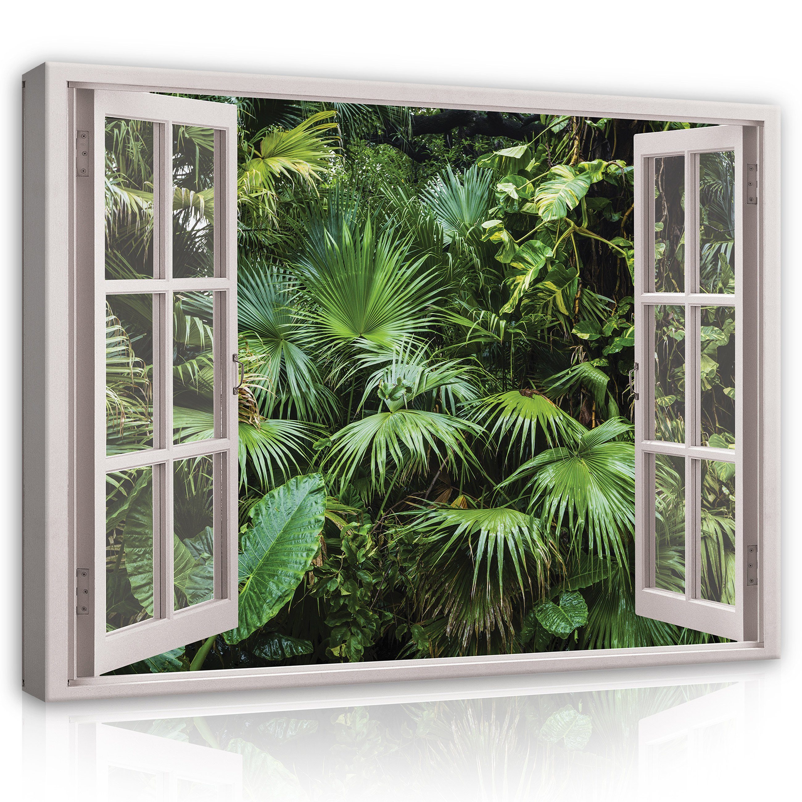 Leinwandbild Fensterblick Dschungel Wald Blätter Grün Fenster Wandbild Groß XXL
