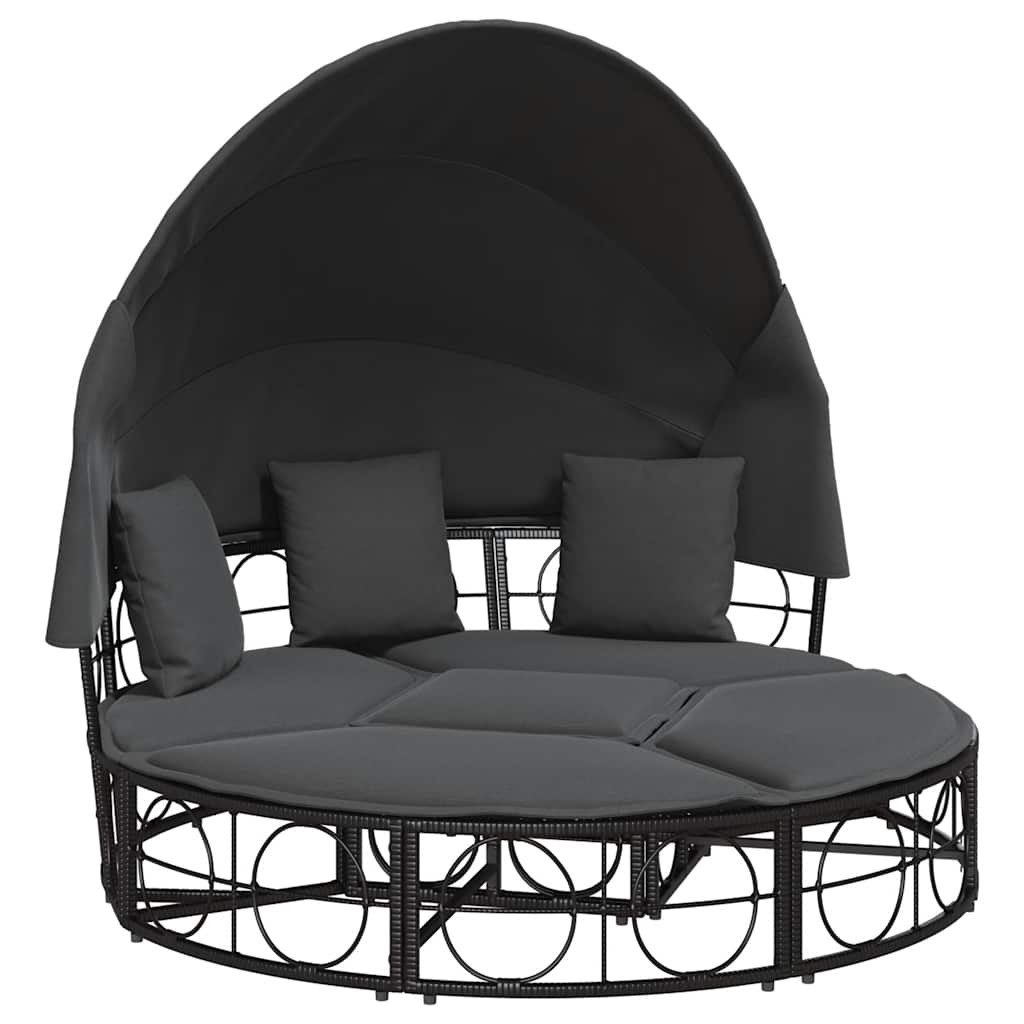 Gartenliege Outdoor-Loungebett mit Dach und Kissen Schwarz Polyrattan