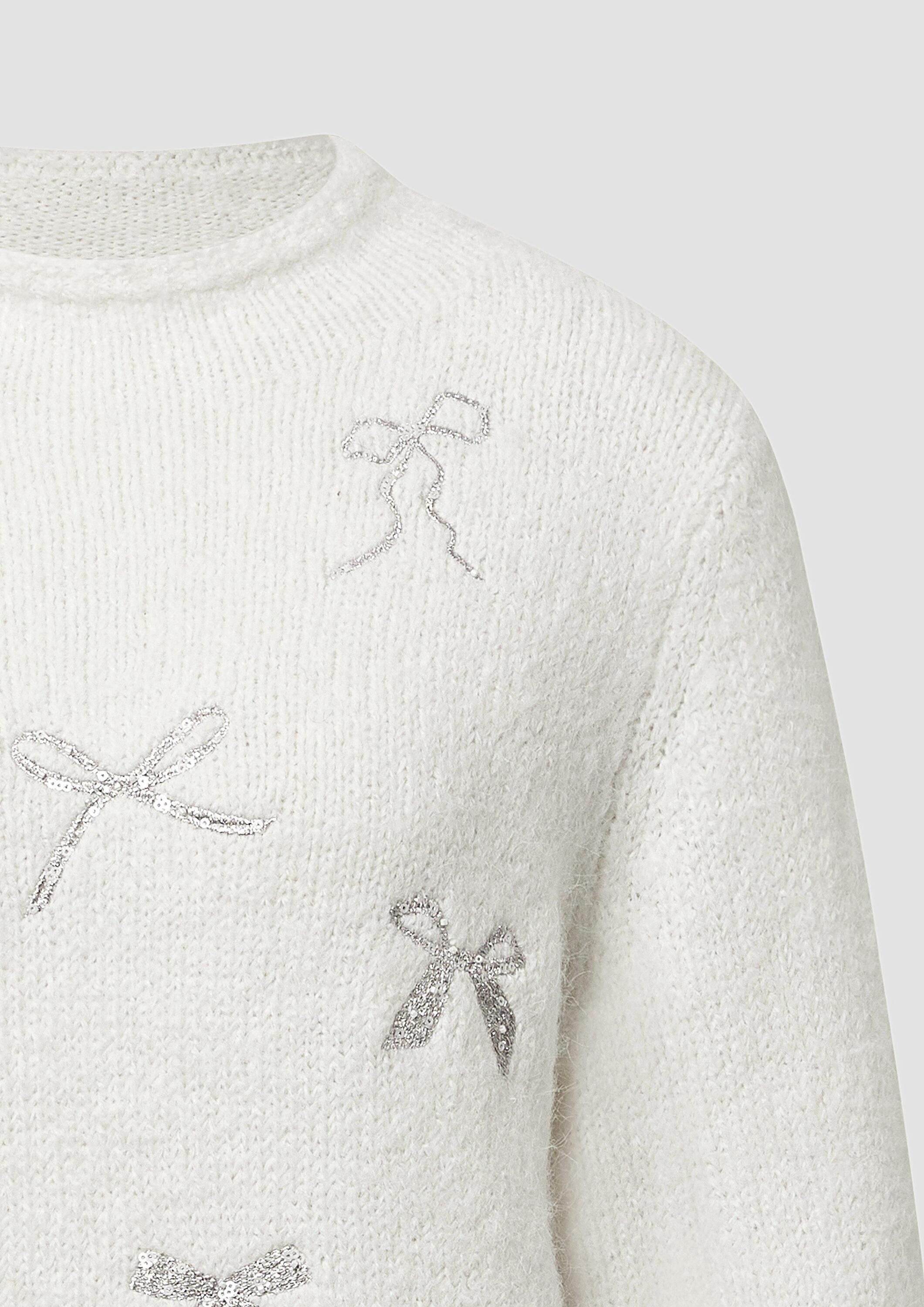 s.Oliver Longpullover Strickpullover Strickpullover mit Stehkragen und Schleifen-Stickerei