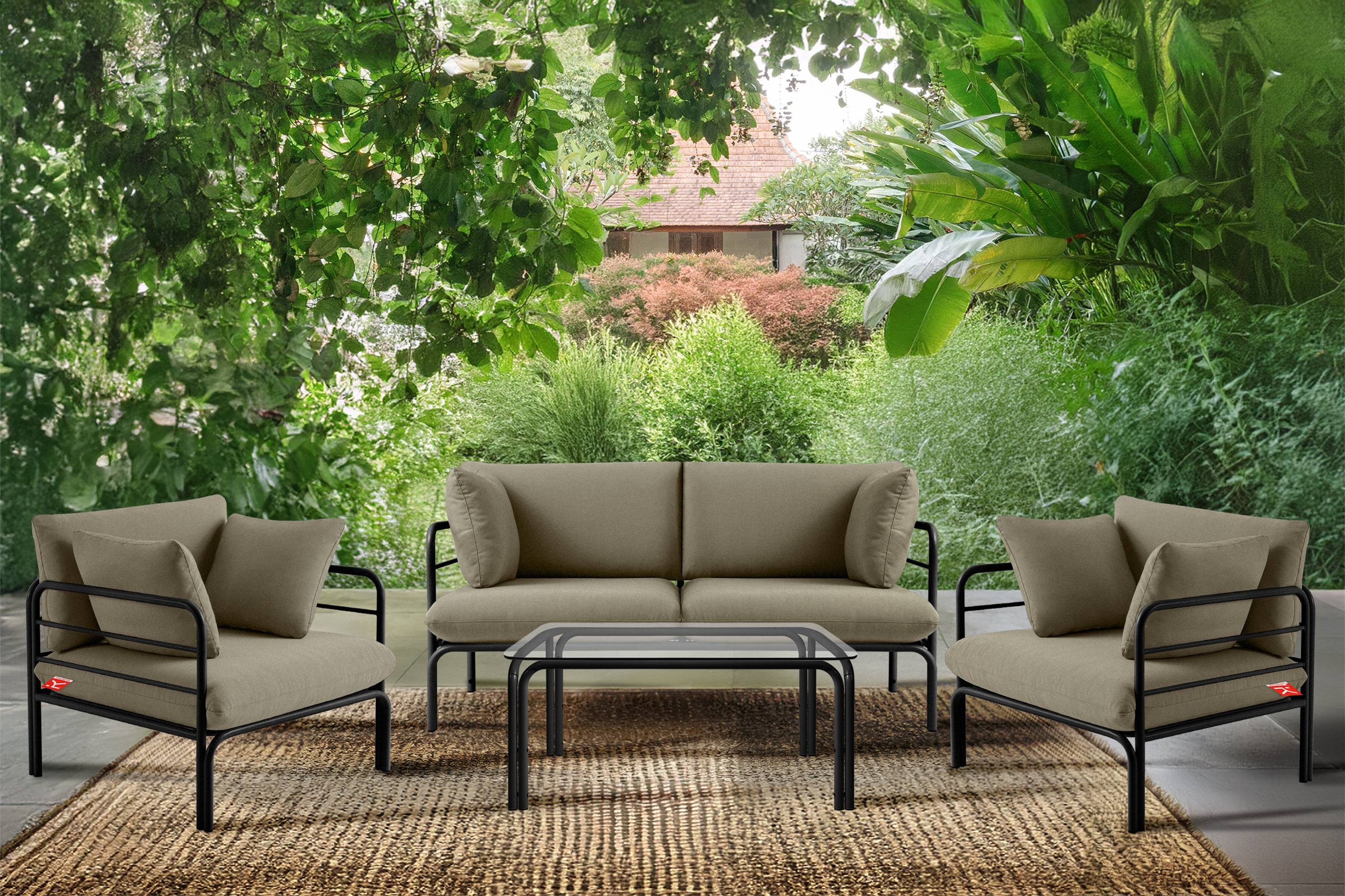 KONSIMO® Gartenlounge-Set RAMBE Gartenmöbelset, hergestellt in der EU, (Gewicht des Sets ca. 76 kg, 4-tlg., 1x Tisch, 2x Sessel, 1x Sofa 2-Sitzer), handgefertigt, Loft-Stil, mit Kissen