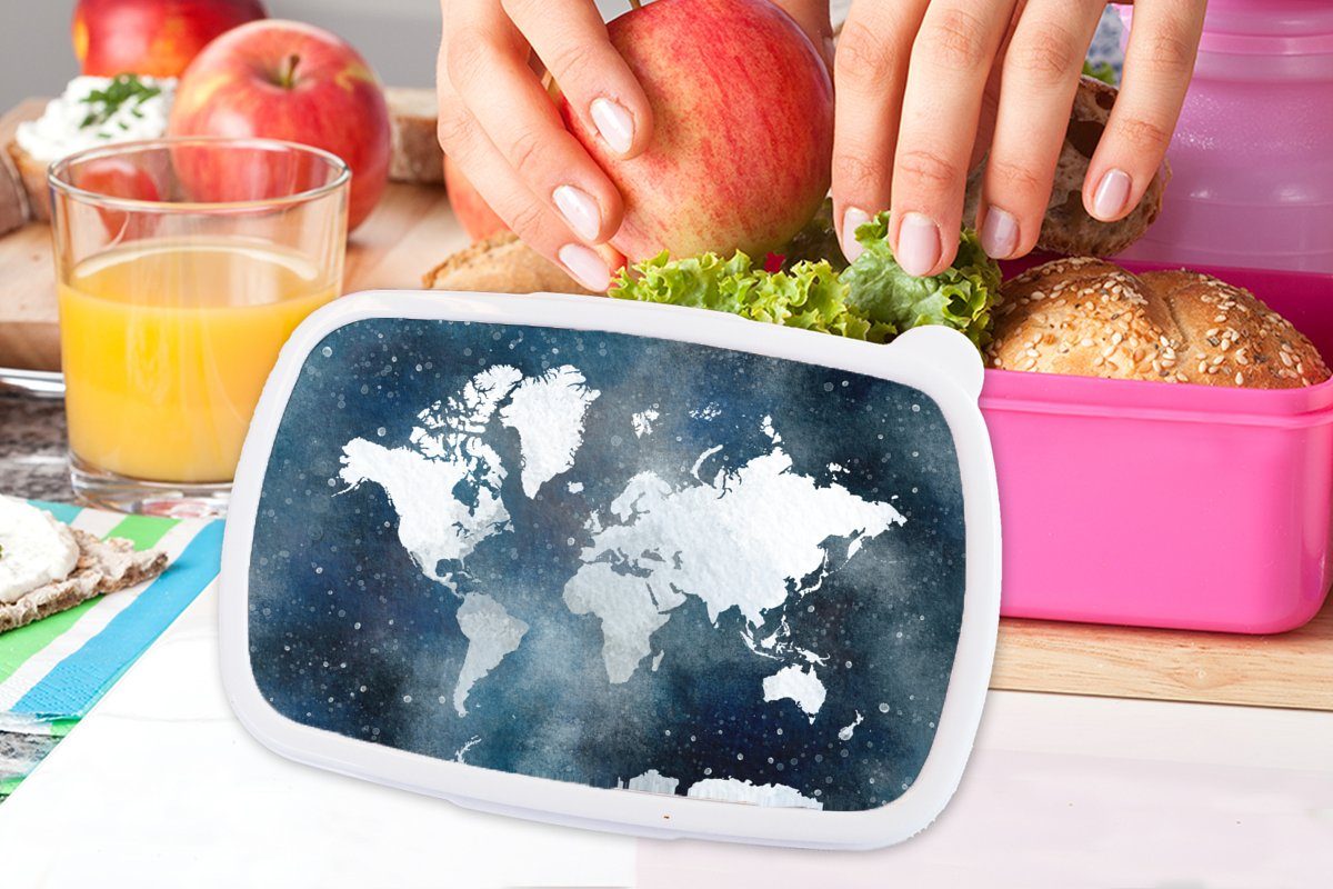 (2-tlg), Lunchbox Erwachsene, - Aquarell, MuchoWow rosa Snackbox, Kunststoff Kinder, Kunststoff, Sternenhimmel Brotbox Brotdose Mädchen, - für Weltkarte