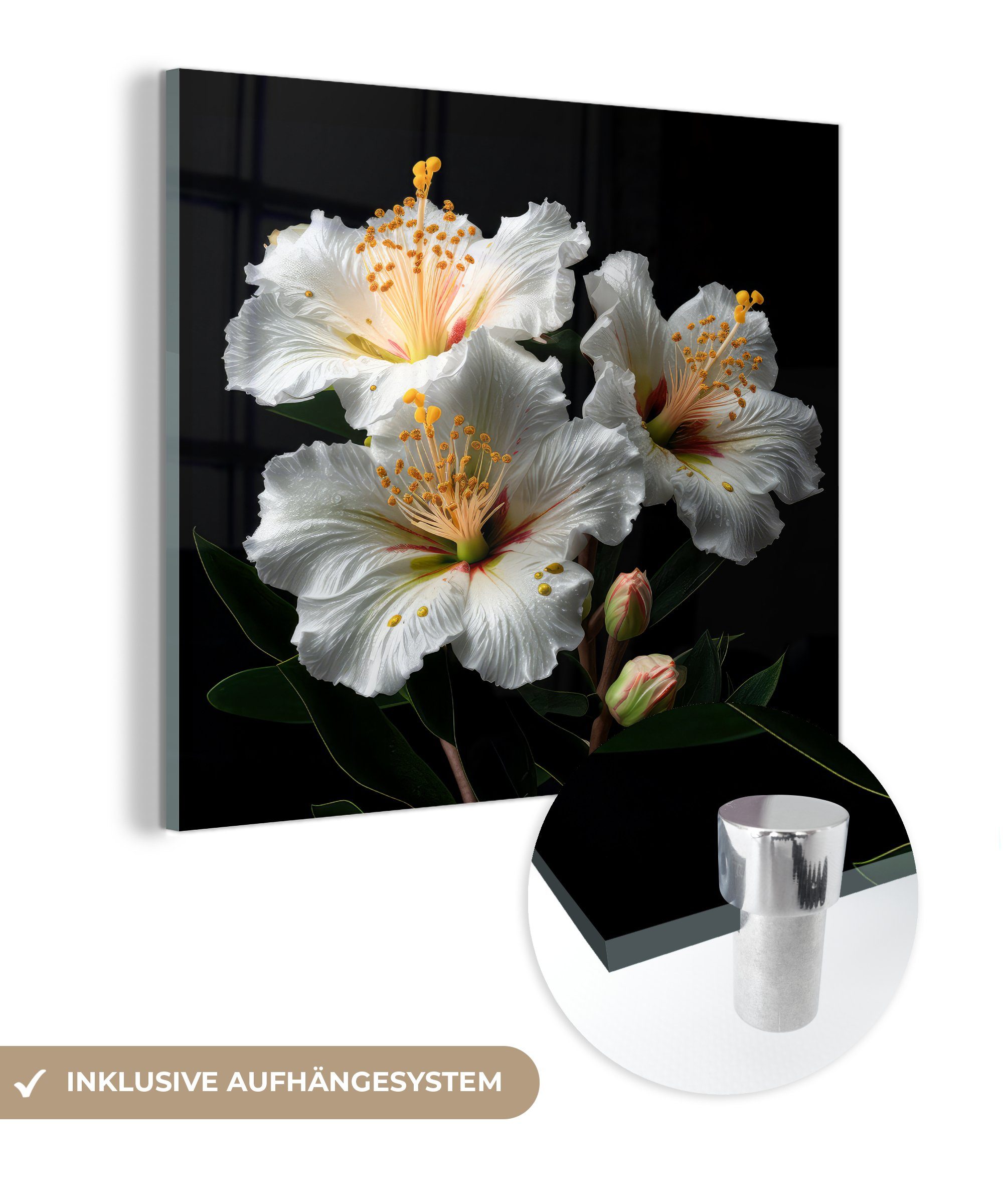 Wandbild auf auf Foto Natur (1 Wanddekoration MuchoWow Acrylglasbild Weiß - Hibiskus - - - St), Glas - Glasbilder - Glas Bilder - Schwarz, Blumen