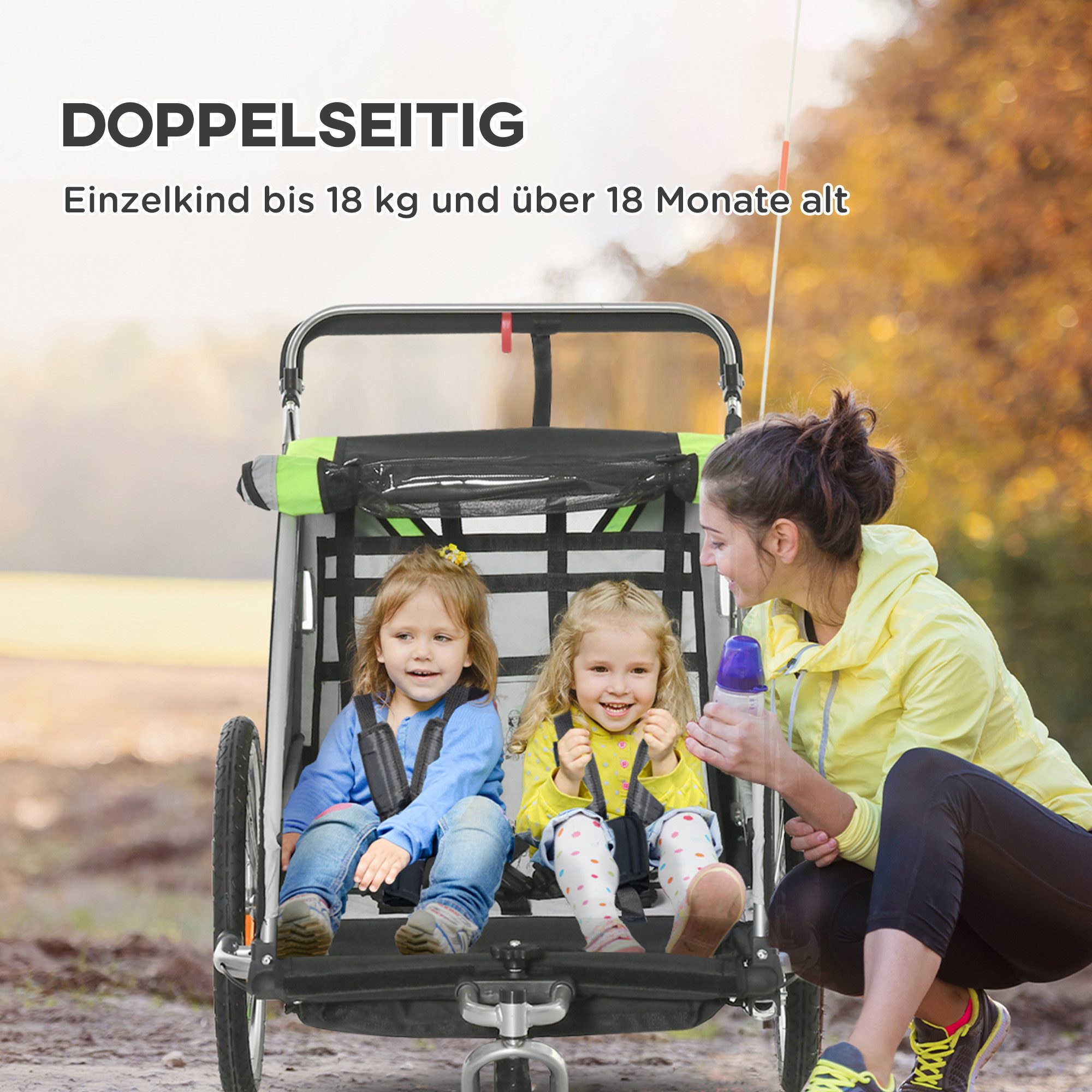 HOMCOM Fahrradkinderanhänger Kinderanhänger, Fahrradanhänger, für 2 Kinder, grün, für Garten, Balkon, Grün+Schwarz – Bild 5 von 5
