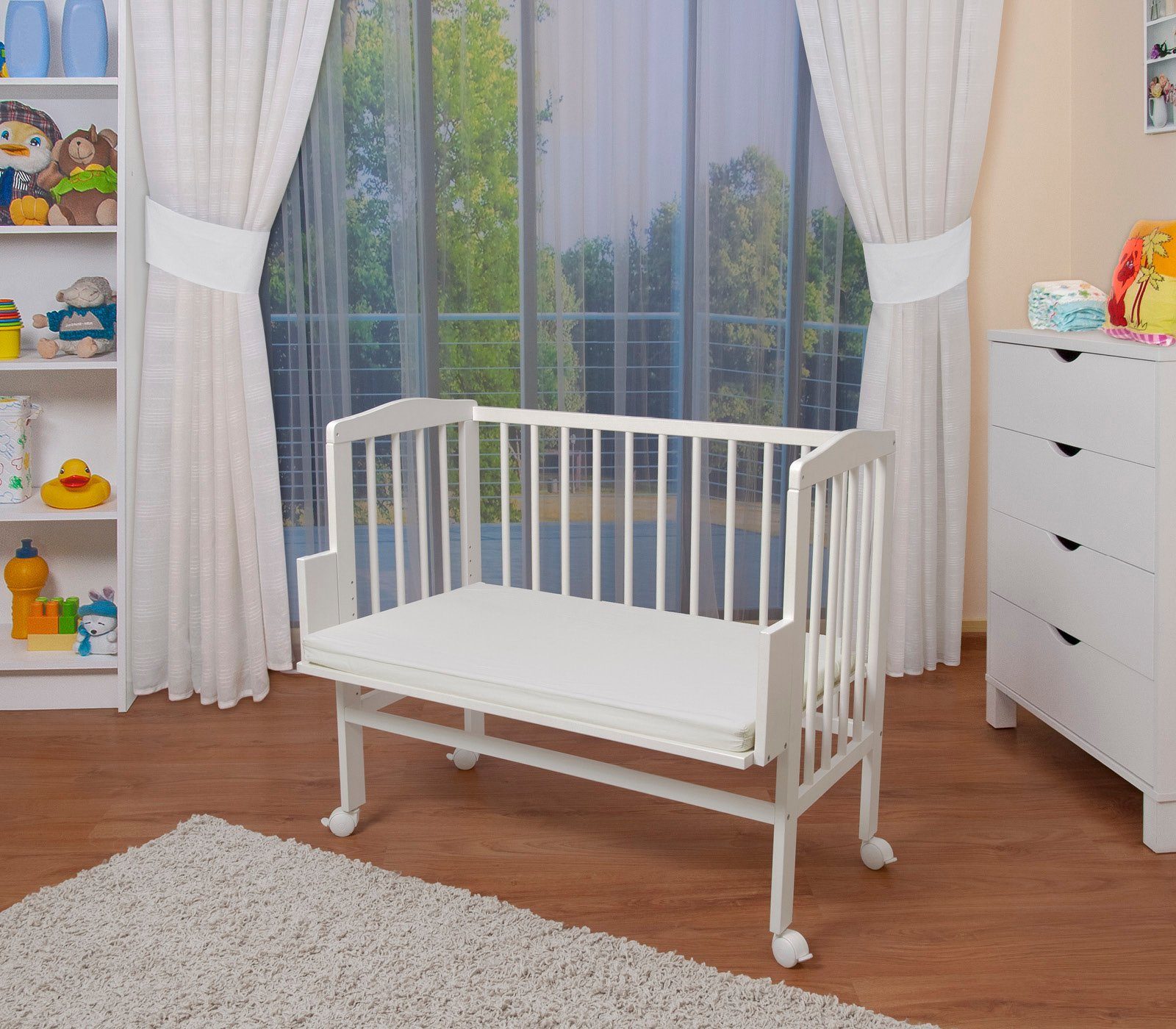 Waldin Beistellbett Baby Beistellbett mit Matratze, Buche massiv, verstellbar