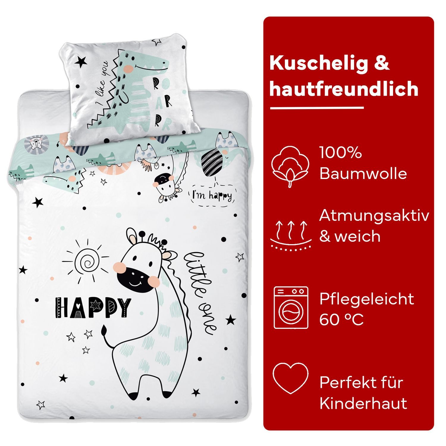 texpot Bettwäsche Kinderbettwäsche Happy bedruckt Garnitur, Baumwolle, 2 teilig