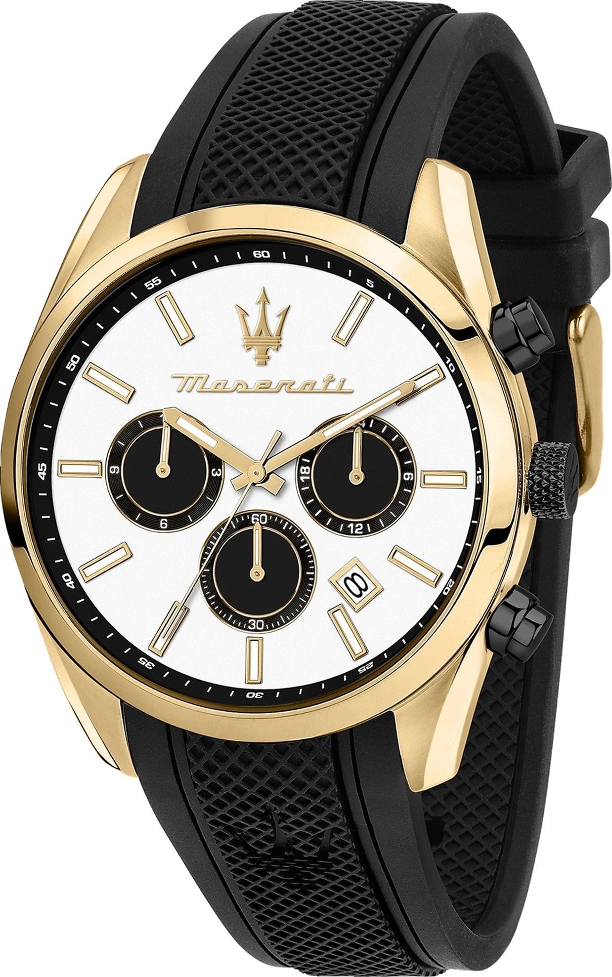 MASERATI Multifunktionsuhr Maserati Herrenuhr Attrazione Multi, (Multifunktionsuhr), Herrenuhr rund, groß (ca. 43mm) Silikonarmband, Made-In Italy