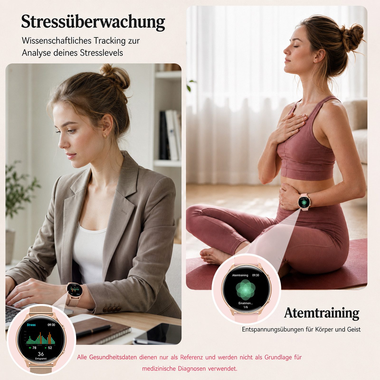 Whraills Smartwatch Damen 4.7mm ultradünn mit 120+ Sportmodi/Pulsuhr/Blutdruck Smartwatch 1,43″ AMOLED Display Fitnessuhr Damen mit SpO2/Schlafmonitor,Zyklus, Stressmessung,Atemtraining,20 Tage Akku,IP68, Geschenk für Frauen Gold