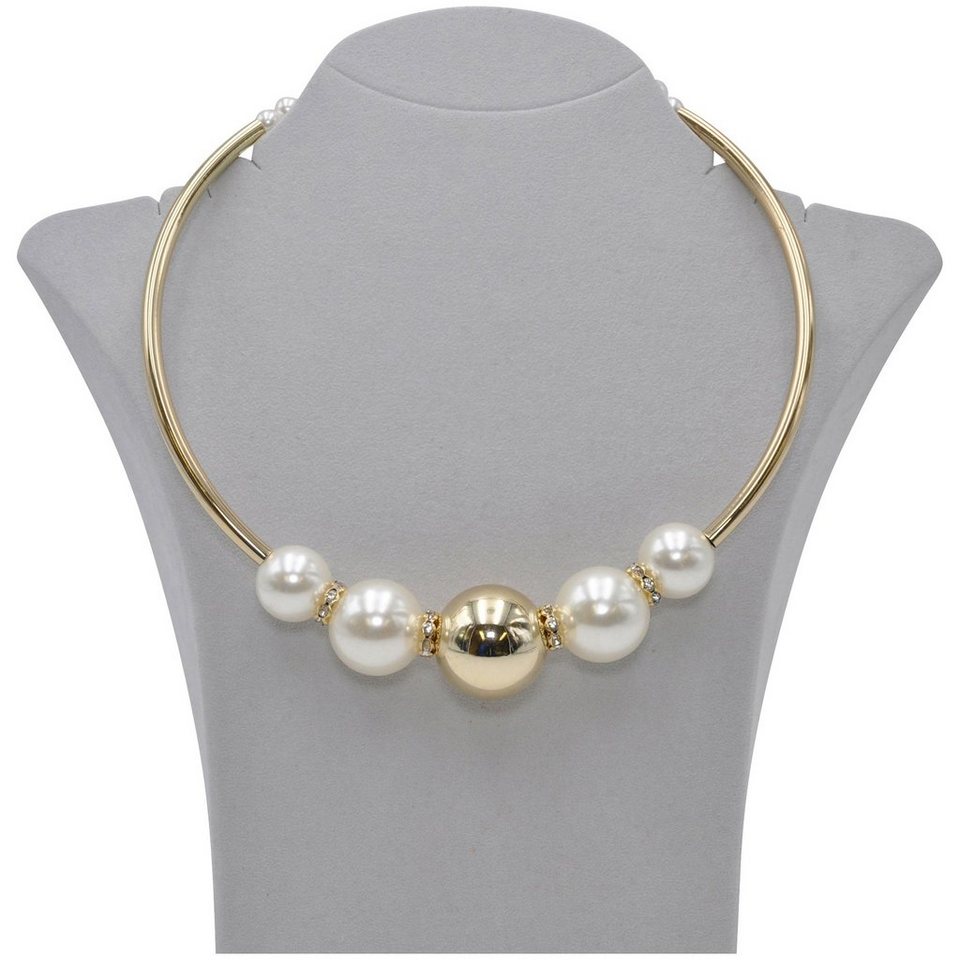 3-reihige Perlenkette Collier Kette große Perlen grau NEU