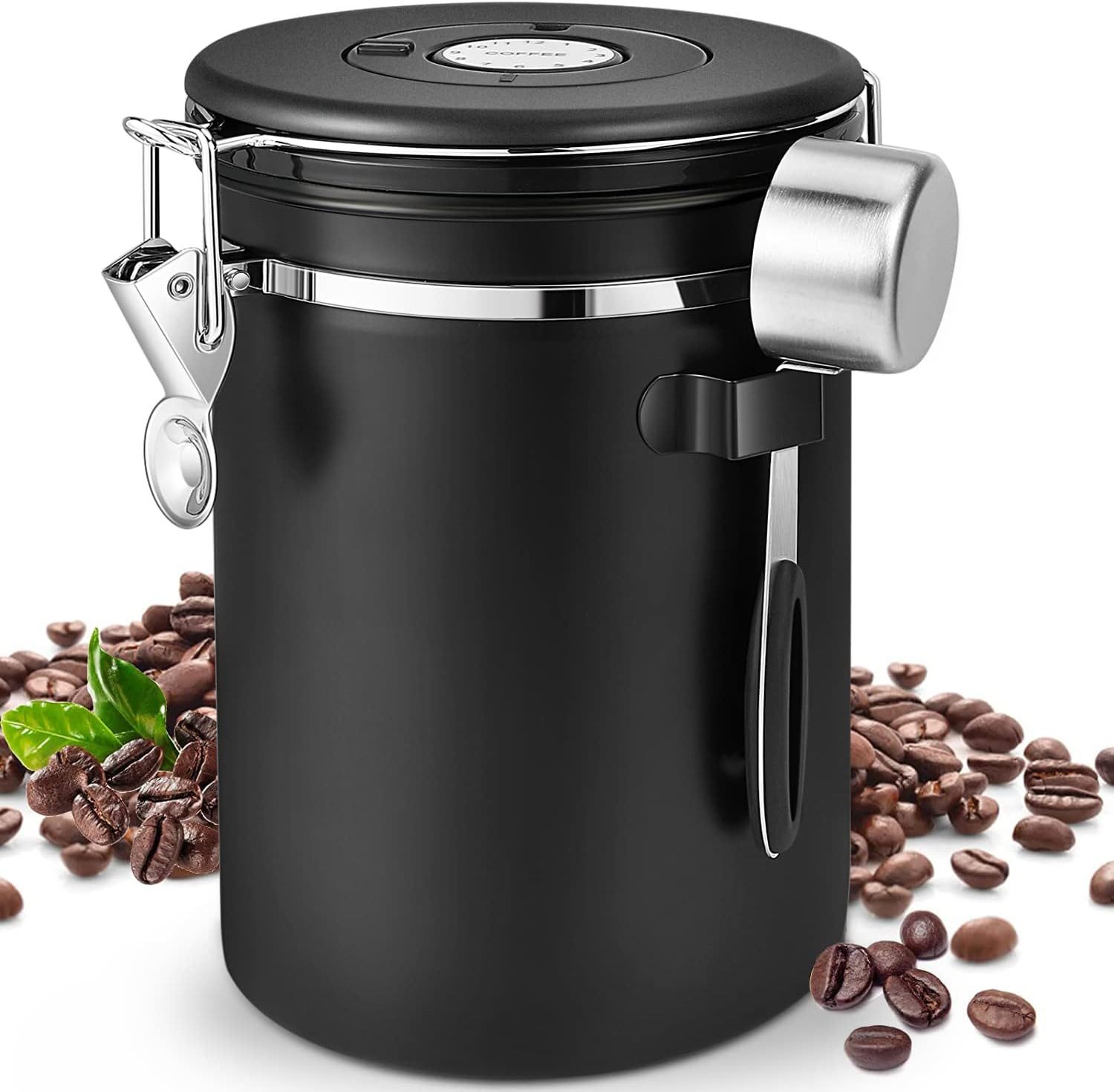 BlingBin Kaffeedose Luftdicht aus Edelstahl 1,8L Vakuum Kaffee Dose KaffeebohnenbehäLter , Edelstähle, (1er Set, 1-tlg., 1 Stück), Kaffeebohnen Behälter mit Edelstahl Löffel und Zeiterfassung Speichern