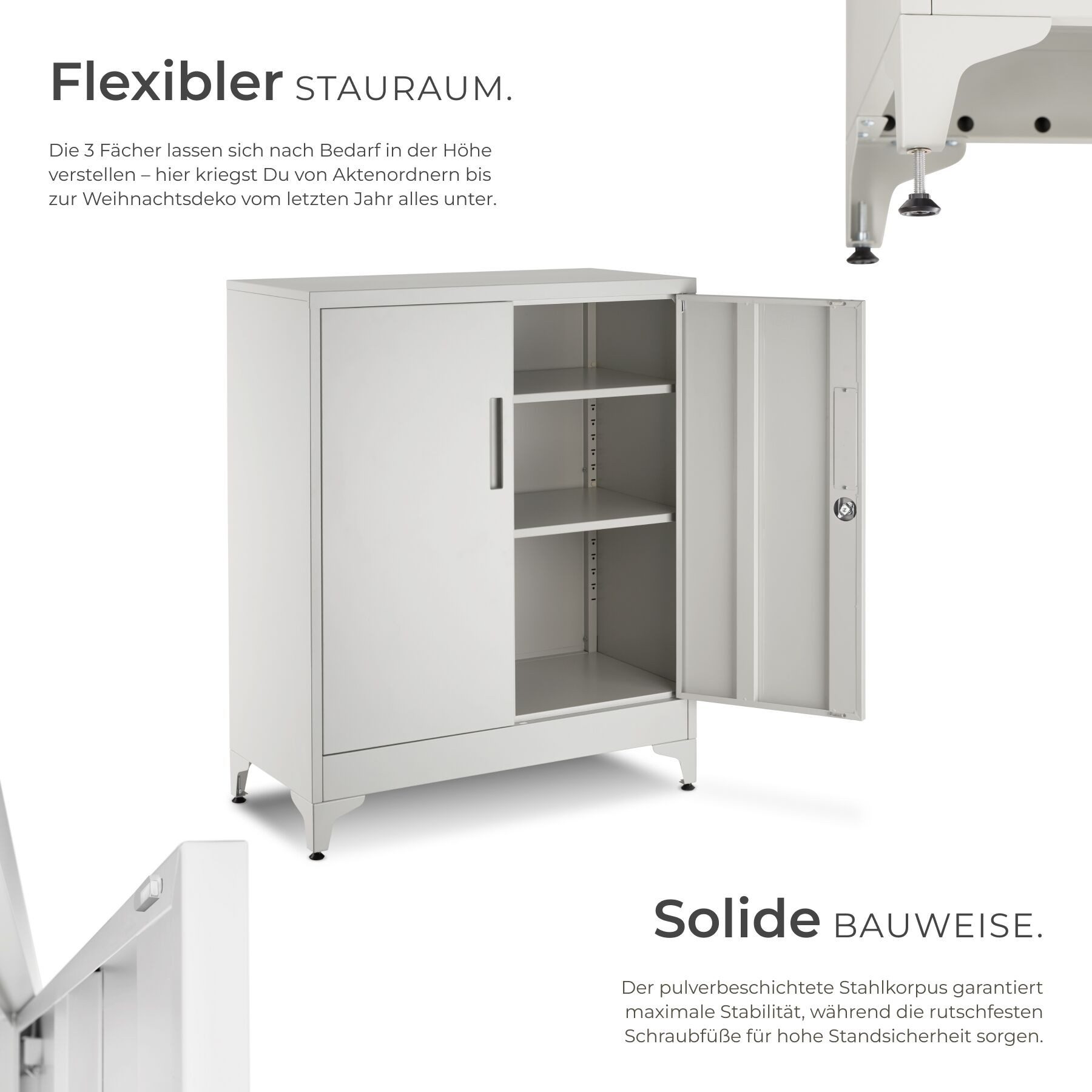 tectake Aktenschrank Dokumentenschrank aus Stahl, Kippschutz, abschließbar, 80 x 40 x (Büroschrank Blake, 2-St., in grau) 2 verstellbare Zwischenböden, mit Magnetverschluss, höhenverstellbar