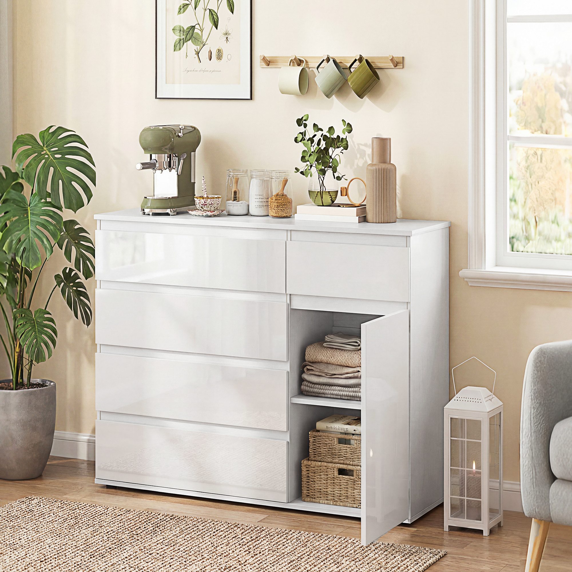 HOMCOM Kommode (Sideboard, 1 St., Aufbewahrungsschrank), Fünf Schubladen, ein Schrank, hochglanzweiß, Soft-Close