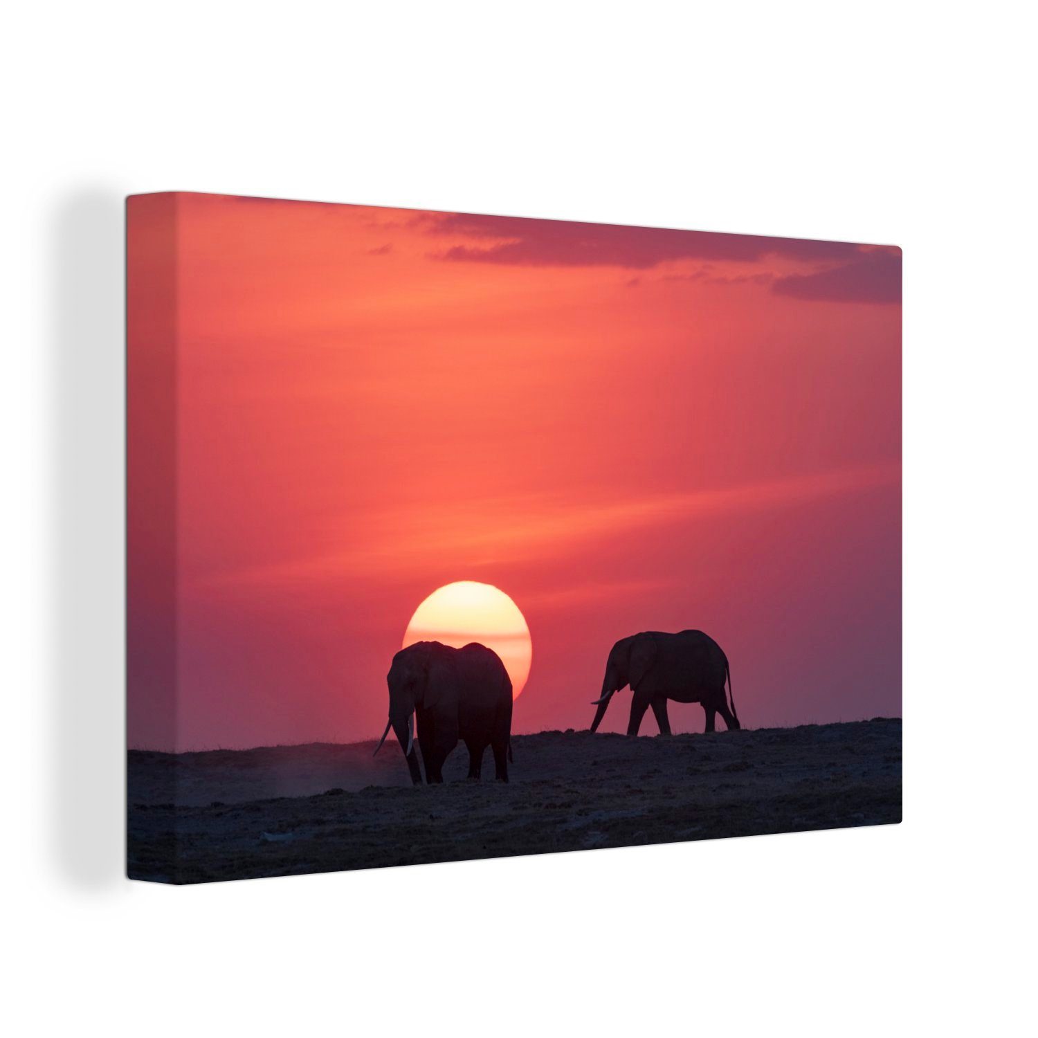 OneMillionCanvasses® Leinwandbild Elefanten bei Sonnenuntergang im Masai Mara-Nationalpark in Kenia, (1 St), Wandbild Leinwandbilder, Aufhängefertig, Wanddeko, 30x20 cm