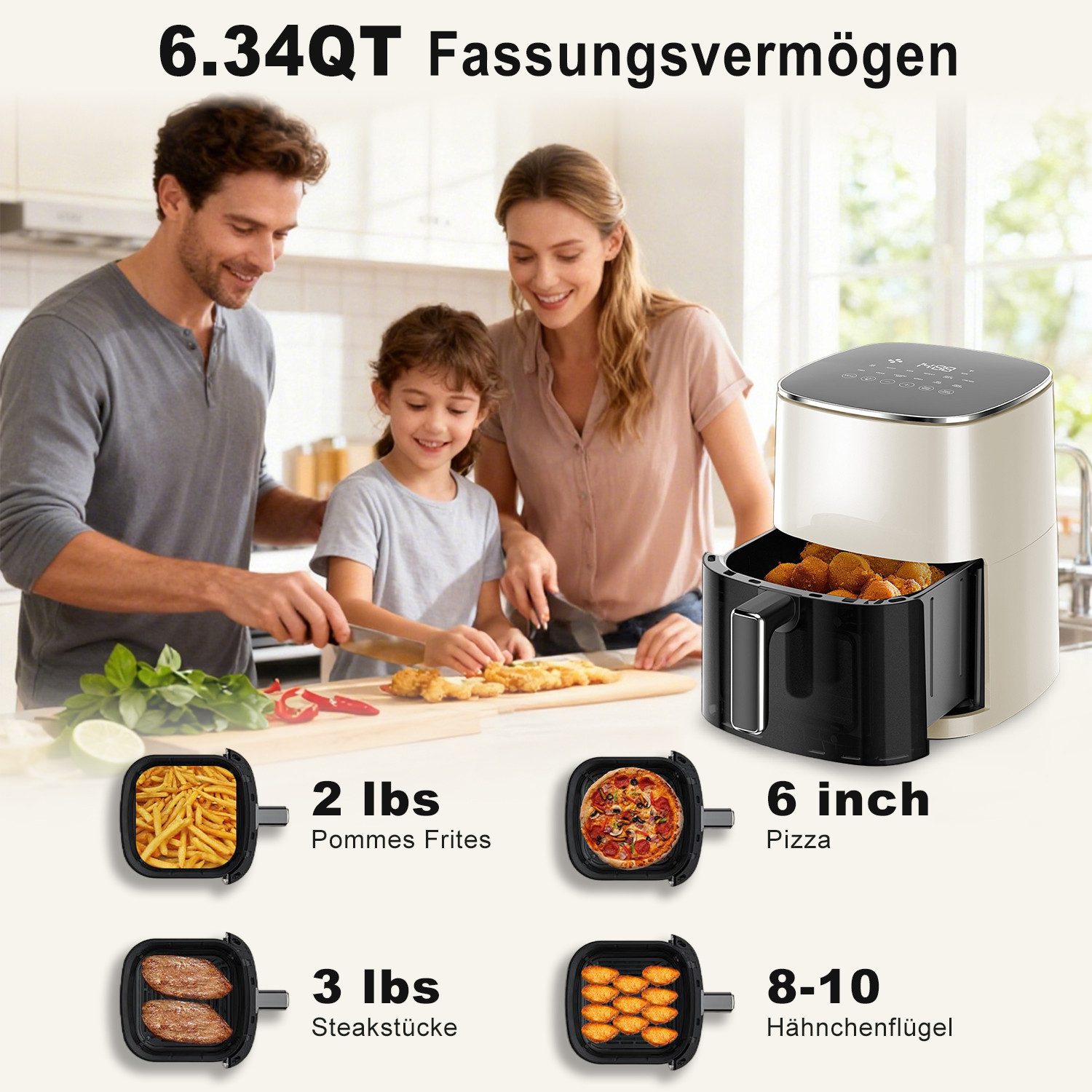 DUMOS Heißluftfritteuse, 6,34 QT – XXL Air Fryer mit Digitaldisplay, 8 Kochprogramme
