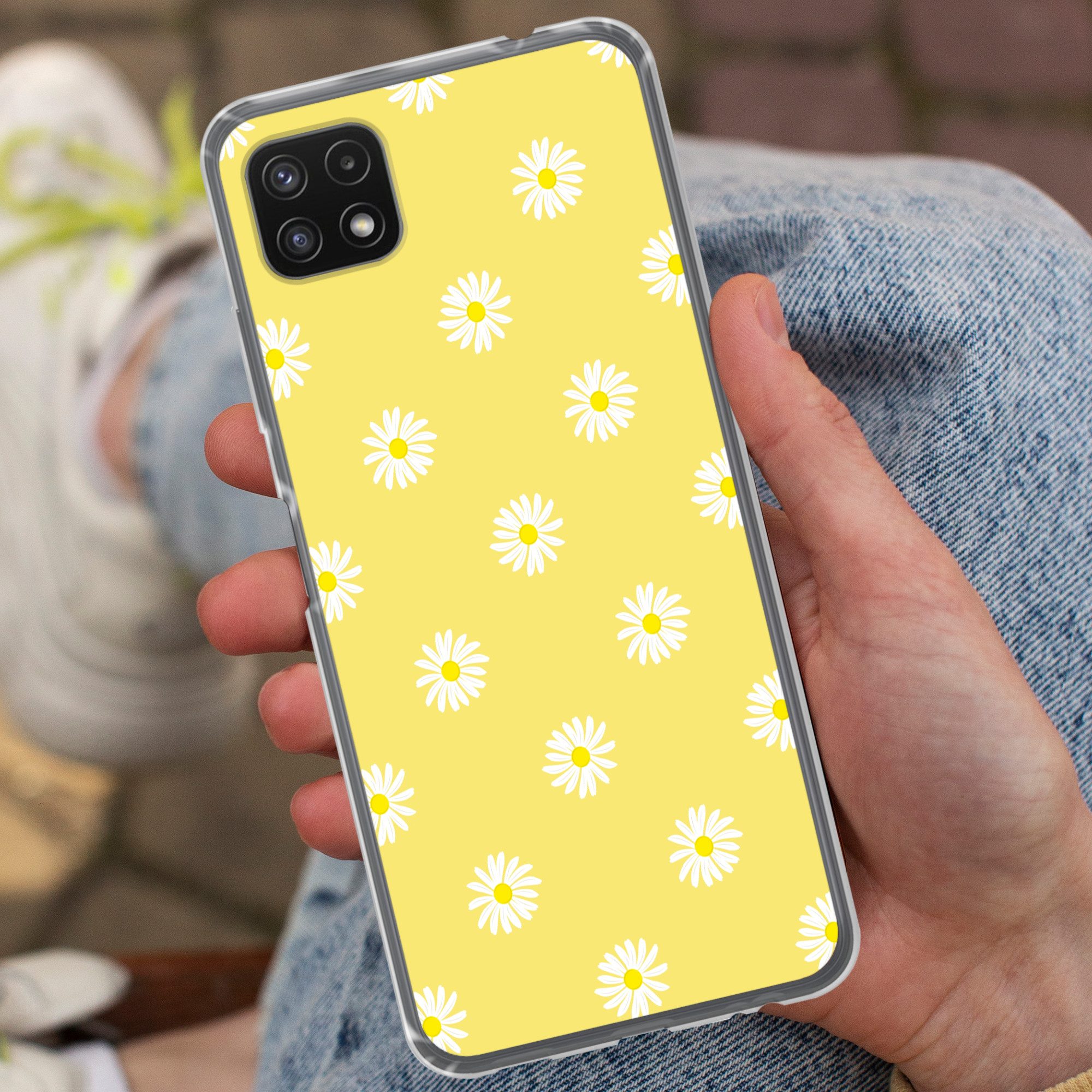 MuchoWow Handyhülle für Samsung Galaxy A22 5G Gänseblümchen - Pastell - Weiß - Gelb - Blum, Smartphone-Bumper, Print, Handy Schutzhülle Dünn