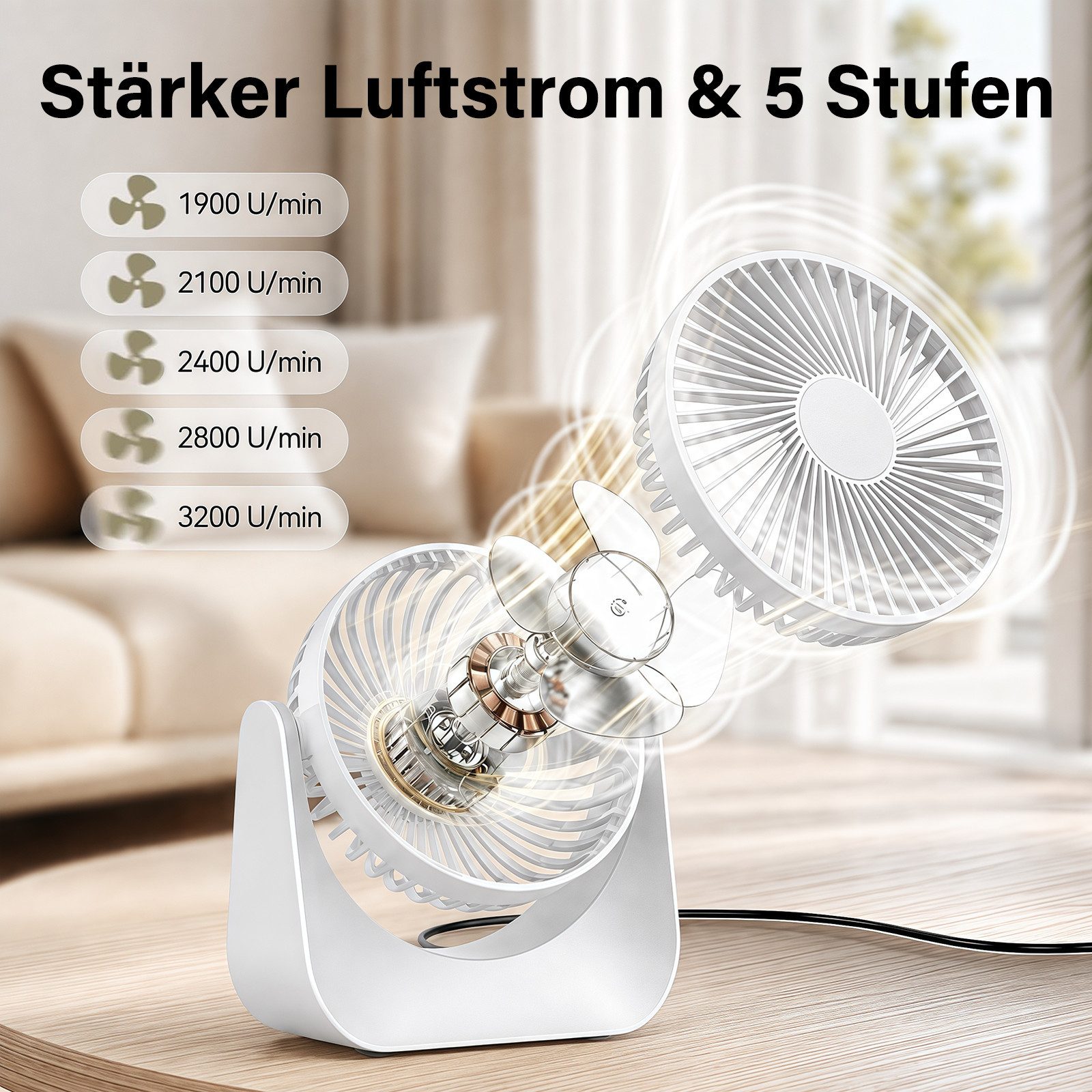 MOPUEA Tischturmventilator Tischventilator Akku Leise Mini Ventilator Weiss 3 Stufen USB, Tischventilator 3 Windstufen Standventilator Luftzirkulation