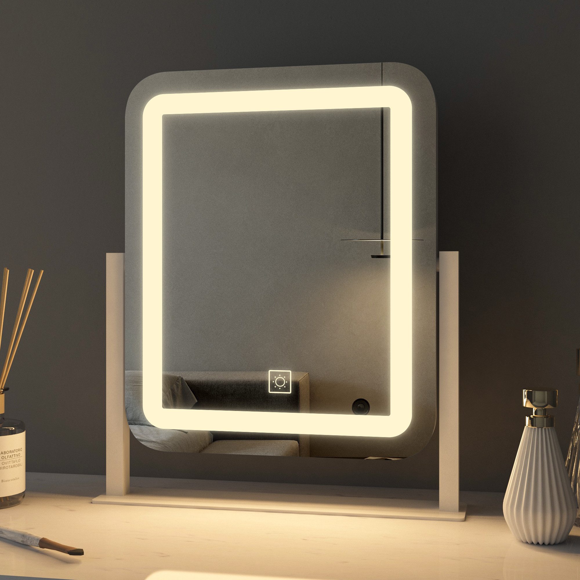 WDWRITTI Schminkspiegel LED Kosmetikspiegel Tischspiegel Make Up Spiegel Rechteckig (Make Up Spiegel Rechteckig, 3Lichtfarben, Helligkeit dimmbar), Touch, 360° Drehbar