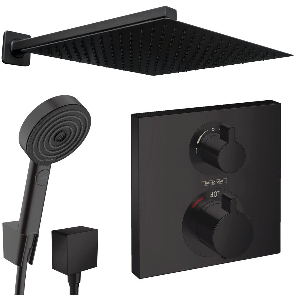 Hansgrohe und Jowi Duscharmatur Ecostat Square + Pulsify Unterputz Duscharmatur, Thermostat, Schwarz (Unterputz-Duschsystem) Mattschwarz, Thermostat
