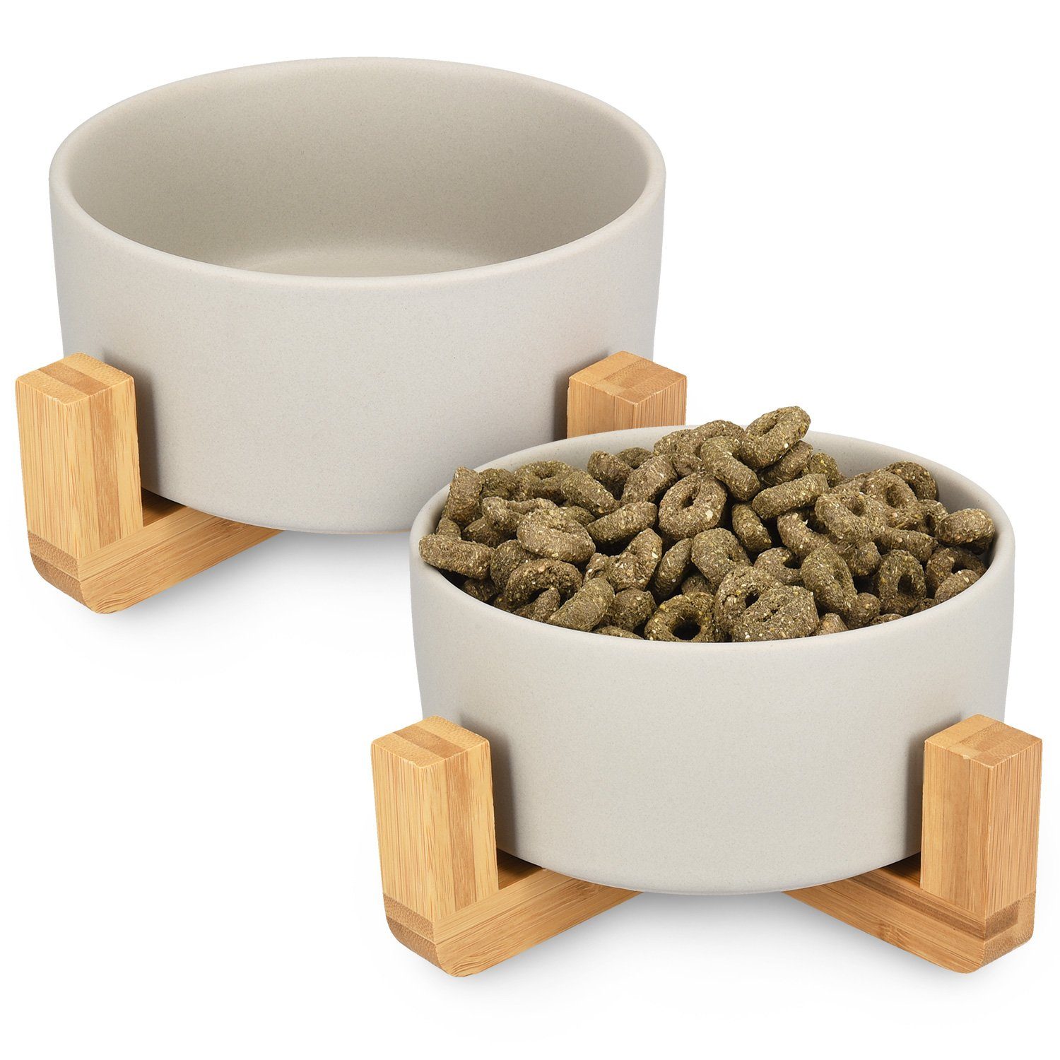 Napf 2x Futternapf mit Bambus Halter - 2er Set Keramiknapf für Katzen/Hunde