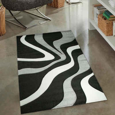 Teppich Designer Teppich mit Wellen& Konturenschnitt, schwarz weiß & grau, Carpetia, rechteckig