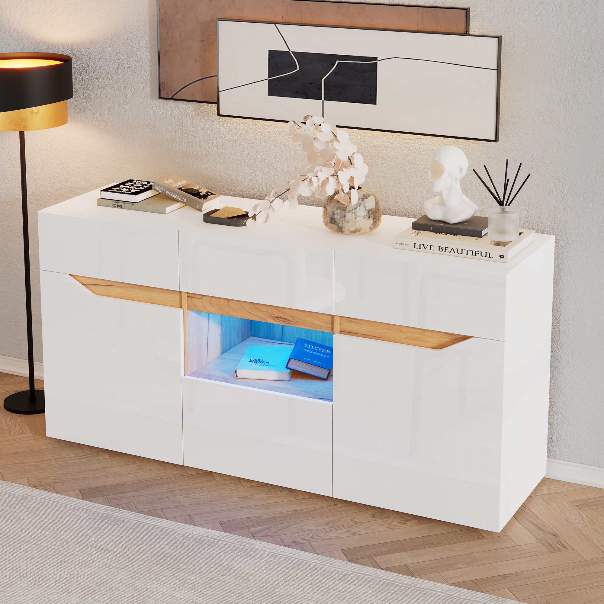 Merax Sideboard hochglanz Anrichte mit LED, Buffetschrank in Weiß/Schwarz & Holzoptik (1 St), Kommode mit 4 Schubladen, 2 Schränken & halboffenem Fach, 140x40x70cm