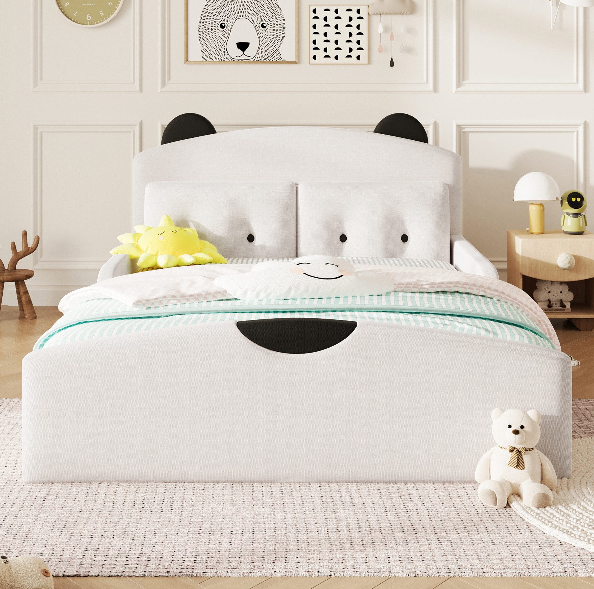 REDOM Polsterbett Schlafbett Plattform Design 140×200 cm mit Stoffbezug Weiß (Packung, 1-tlg., Jugendbett aus Leinenoptik für Kinderzimmer und Schlafzimmer), Bettgestell mit Kopfteil im Bären Stil und zwei Kissen Ohne Matratze