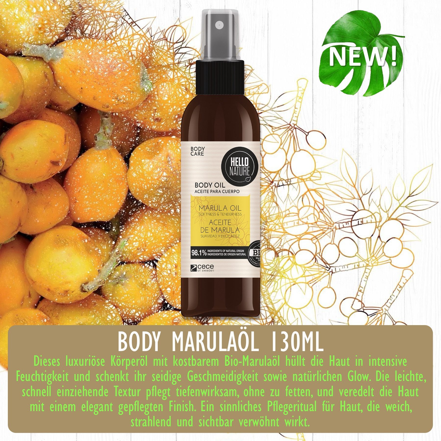 Hello Nature Körperöl Hautöl Pflegeöl Haut Body Öl Marula Gesicht Körperpflege Bio Vegan, 1-tlg., Hautöl, Körperpflege, Hello Nature, Öl