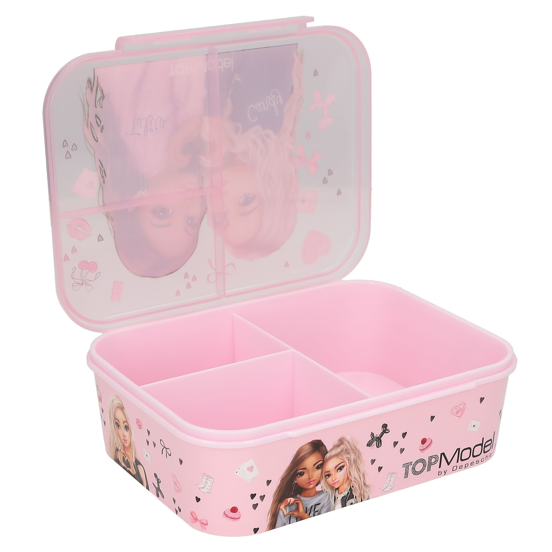 Depesche Schmuckset Brotdose mit Model Motiv und 3 Fächern, Rosa, Klapp-Deckel, Bunte Batches, ideal für Schule und Freizeit