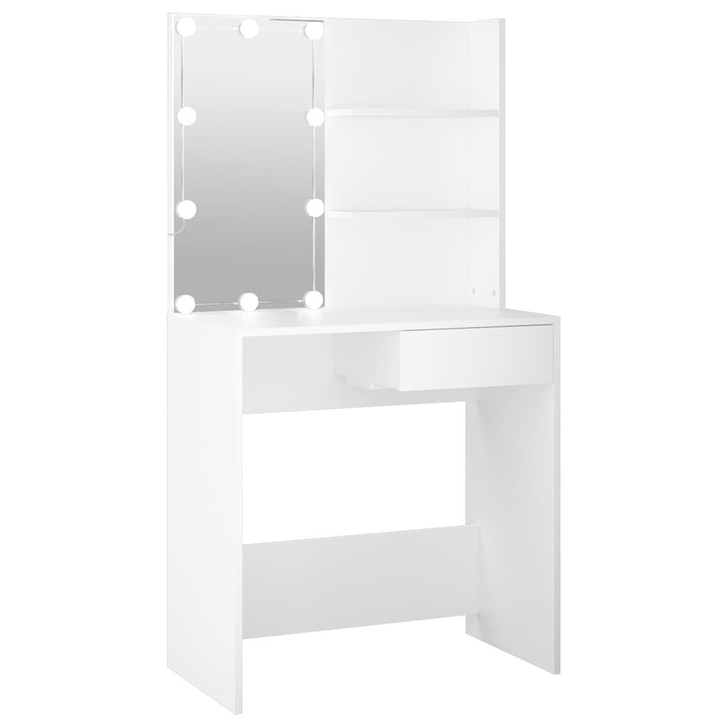 furnicato Schminktisch Weiß 74,5 x 40 x 141 cm mit LED-Beleuchtung (1-St), Kosmetikspiegel-Tisch mit USB-Licht, Schublade und zwei Ablagen