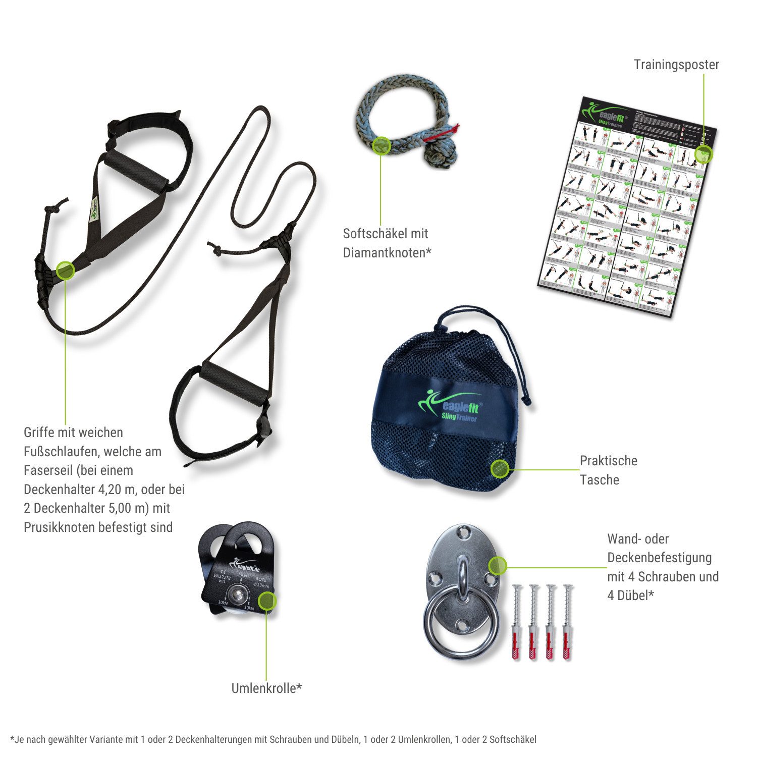 eaglefit® Schlingentrainer Sling-Trainer MULTI inkl. Umlenkrolle und Edelstahl-Deckenhalterung