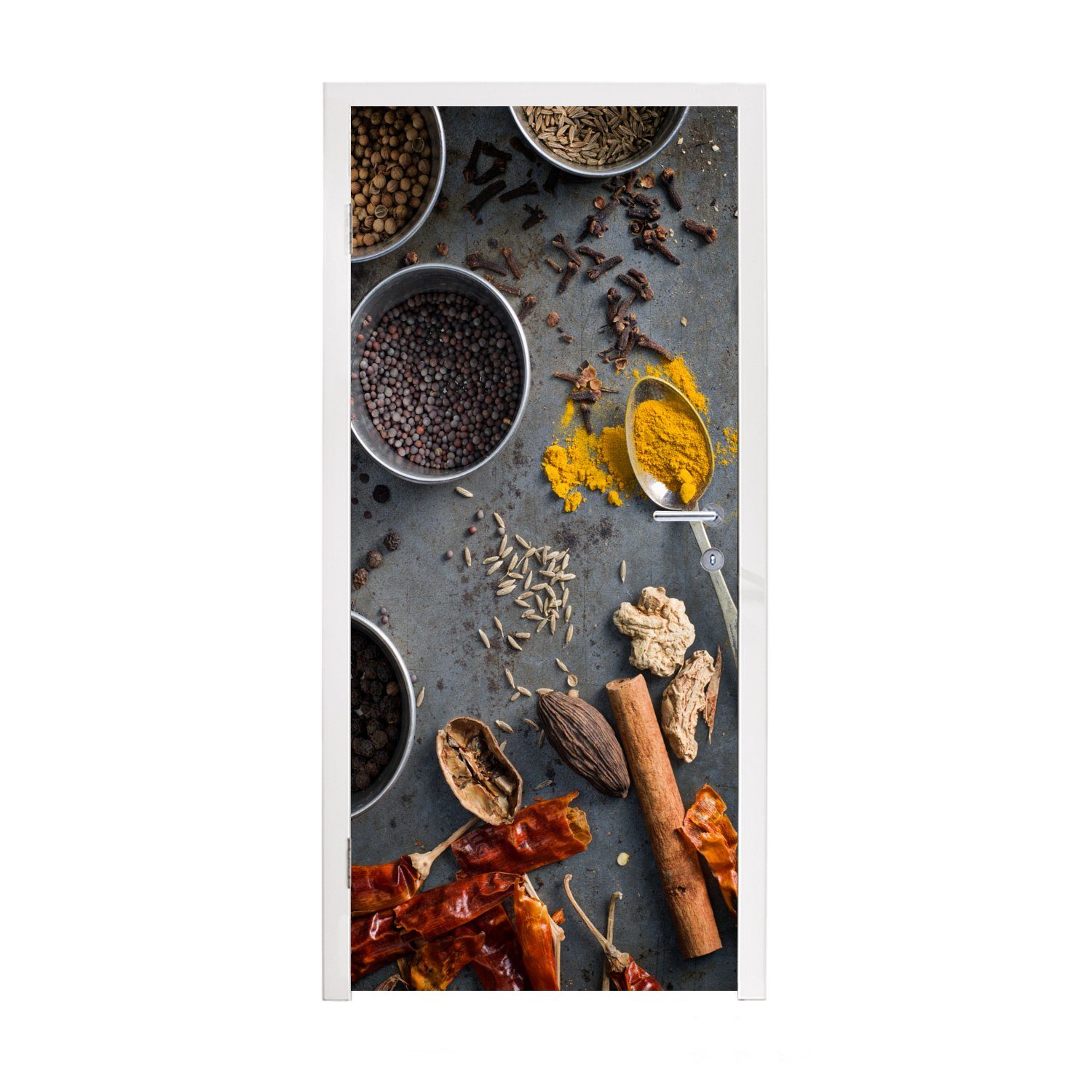 MuchoWow Türtapete Kräuter - Löffel - Schale - Lebensmittel - Gewürze, Matt, bedruckt, (1 St), Fototapete für Tür, Türaufkleber, 75x205 cm