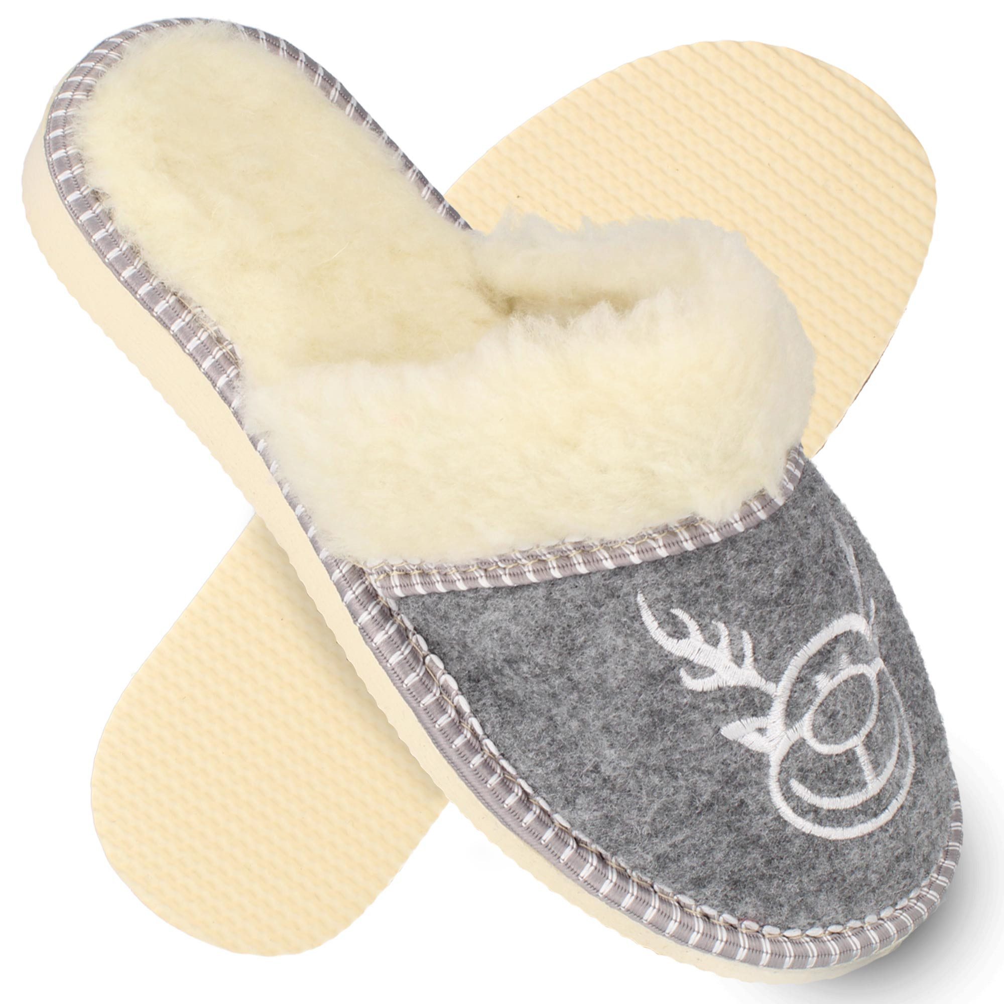 filsko Elche Damen Hausschuh (1 Paar, Winter-Design, Wärmeisolierend, Gefüttert) mit Elch-Stickerei, grau, Easy-Filz