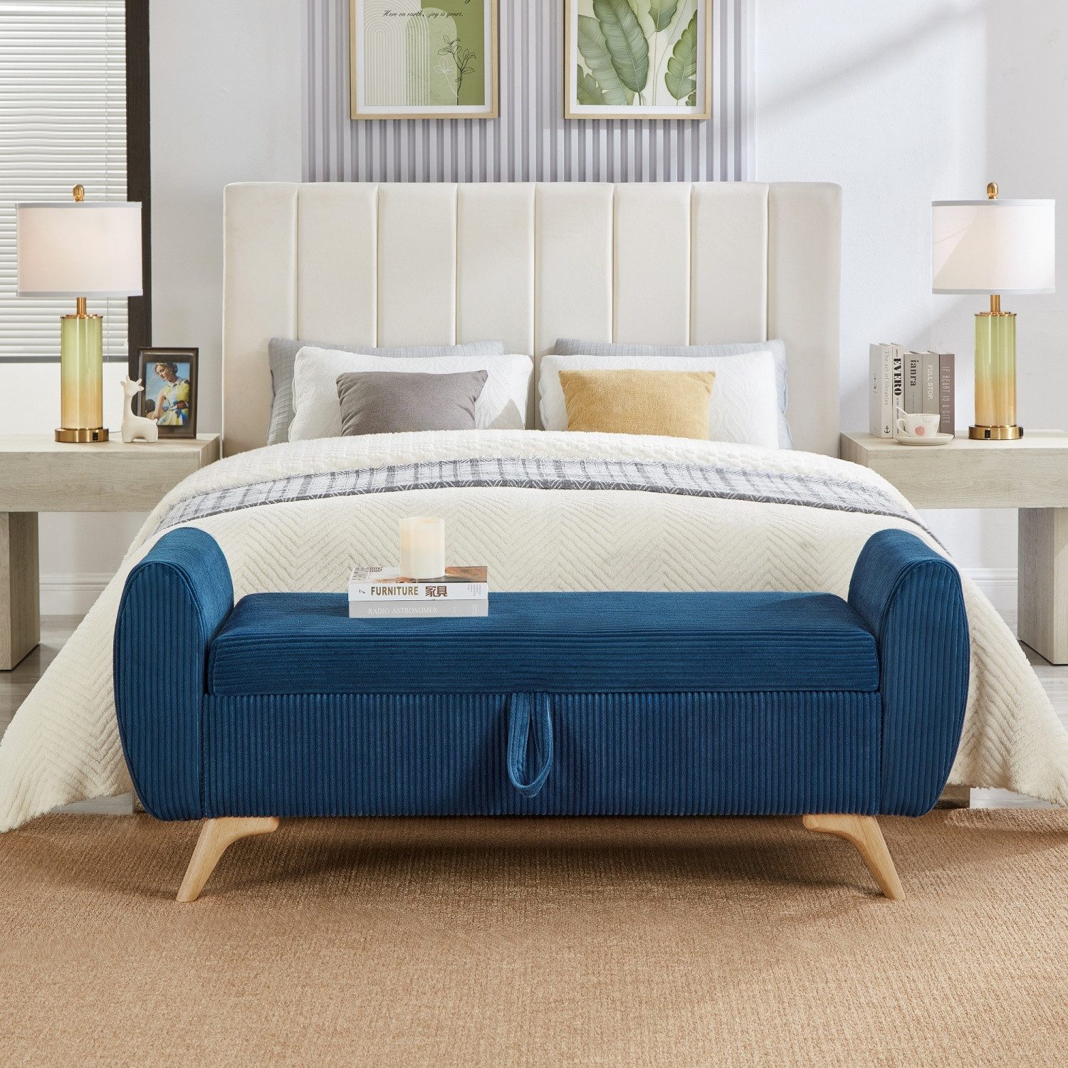 ANYSUN Sitzbank Gepolsterte Bettbank aus Cord mit Stauraum und Holzbeinen,145 cm breit (1-St), Polsterbank mit aufklappbarer Sitzfläche,bis 150 kg belastbar,Blau