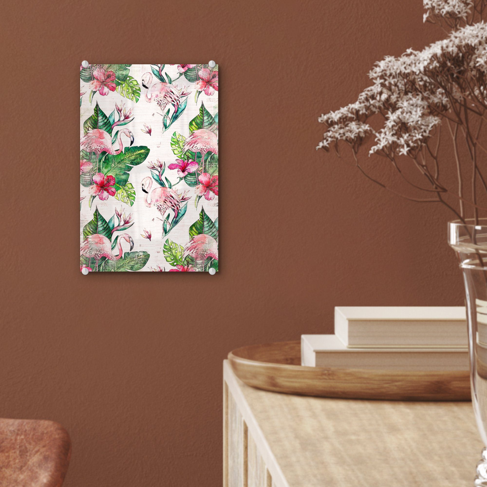 MuchoWow Acrylglasbild Rosa Wandbild - St), Foto Flamingo, Wanddekoration - Bilder - auf - Glasbilder Glas - (1 Glas auf Muster bunt