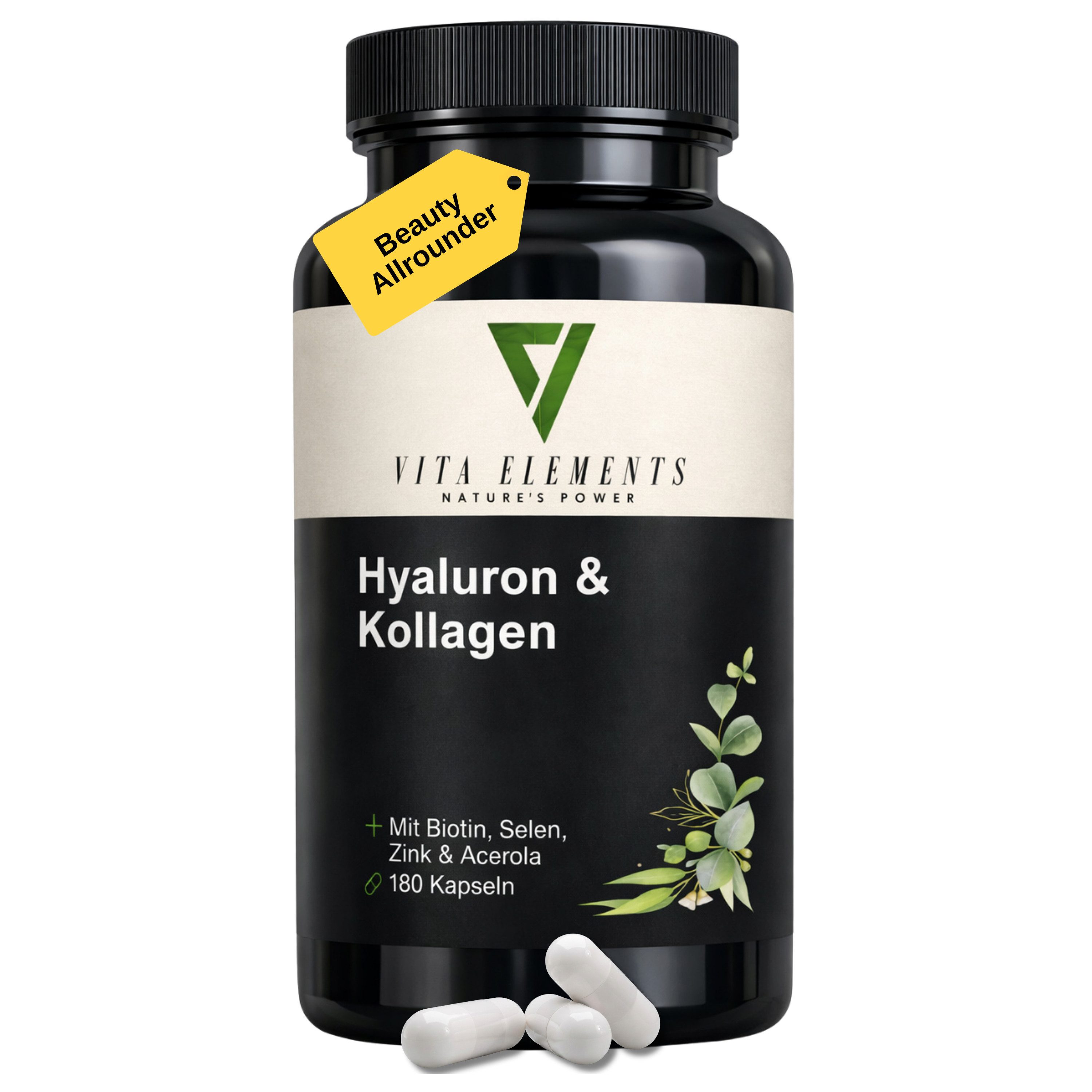 Vita Elements Hyaluron & Kollagen Komplex Kapseln, 180 St., Hochdosiert & Bioverfügbar Frei von Gentechnik Laborgeprüft