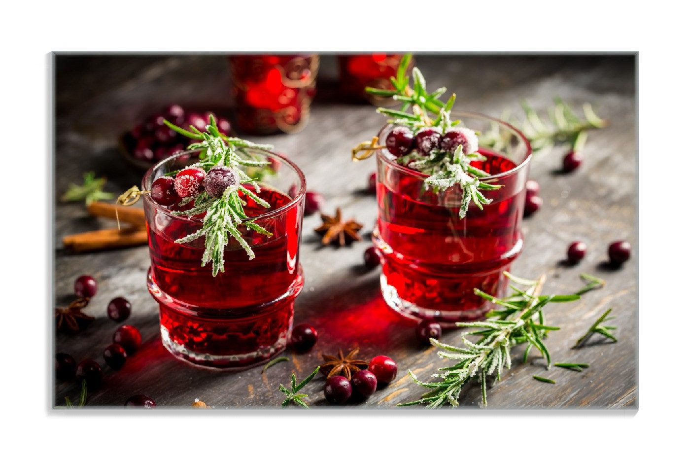 Wallario Frühstücksbrett Winterlicher Cranberry-Punsch mit Rosmarin, ESG-Sicherheitsglas, (inkl. rutschfester Gummifüße 4mm, 1-St), 14x23cm