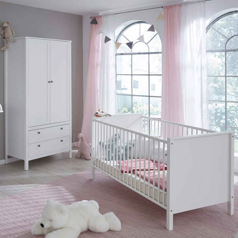 Lomadox Babyzimmer-Komplettset OLOT-19, (2-St), Kleiderschrank mit Gitterbett Liegefläche 70x140 cm in weiß