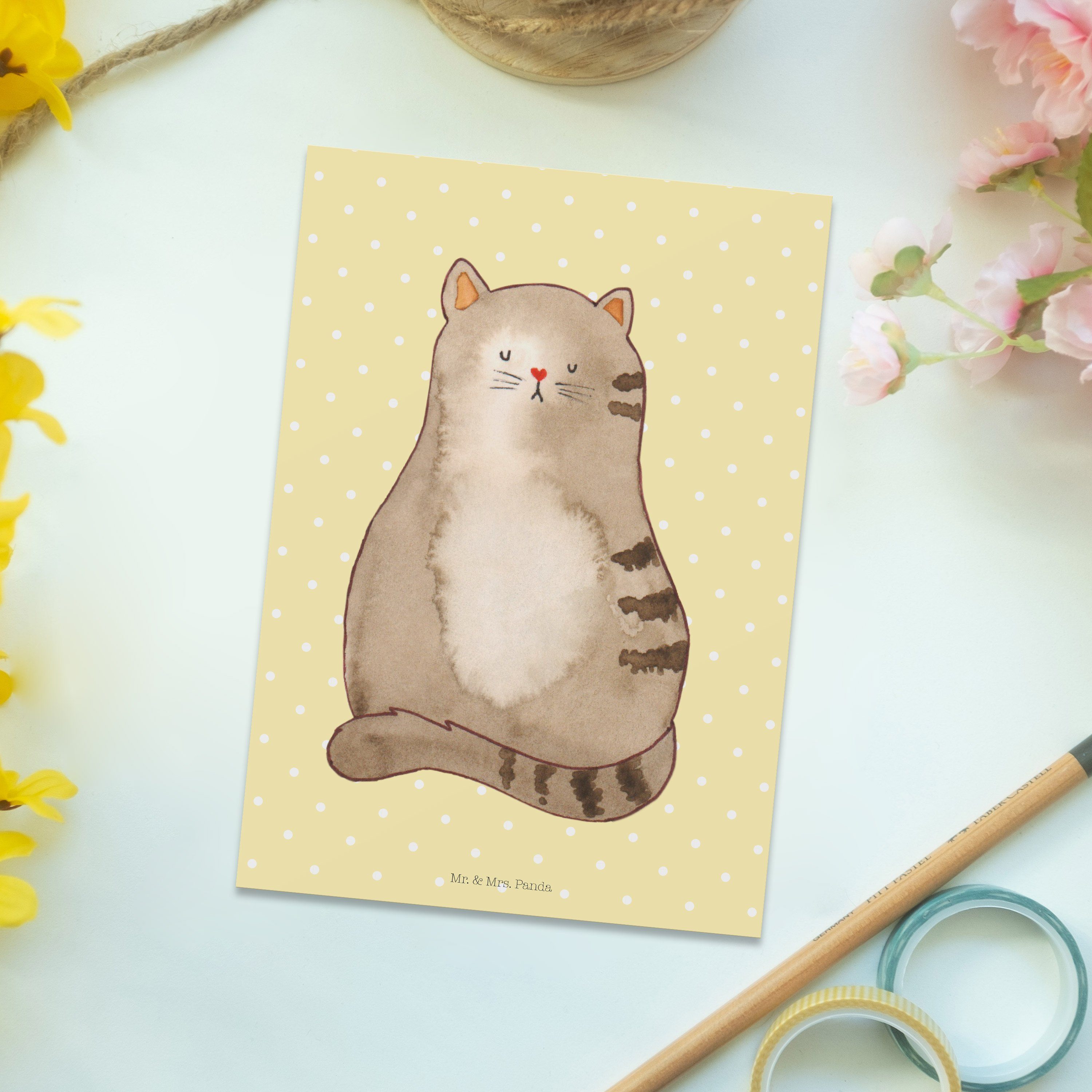 Mr. & Mrs. Panda Postkarte Gelb Pastell Dankeskart sitzend Geschenk, Karte, - - Katze Katzenfan