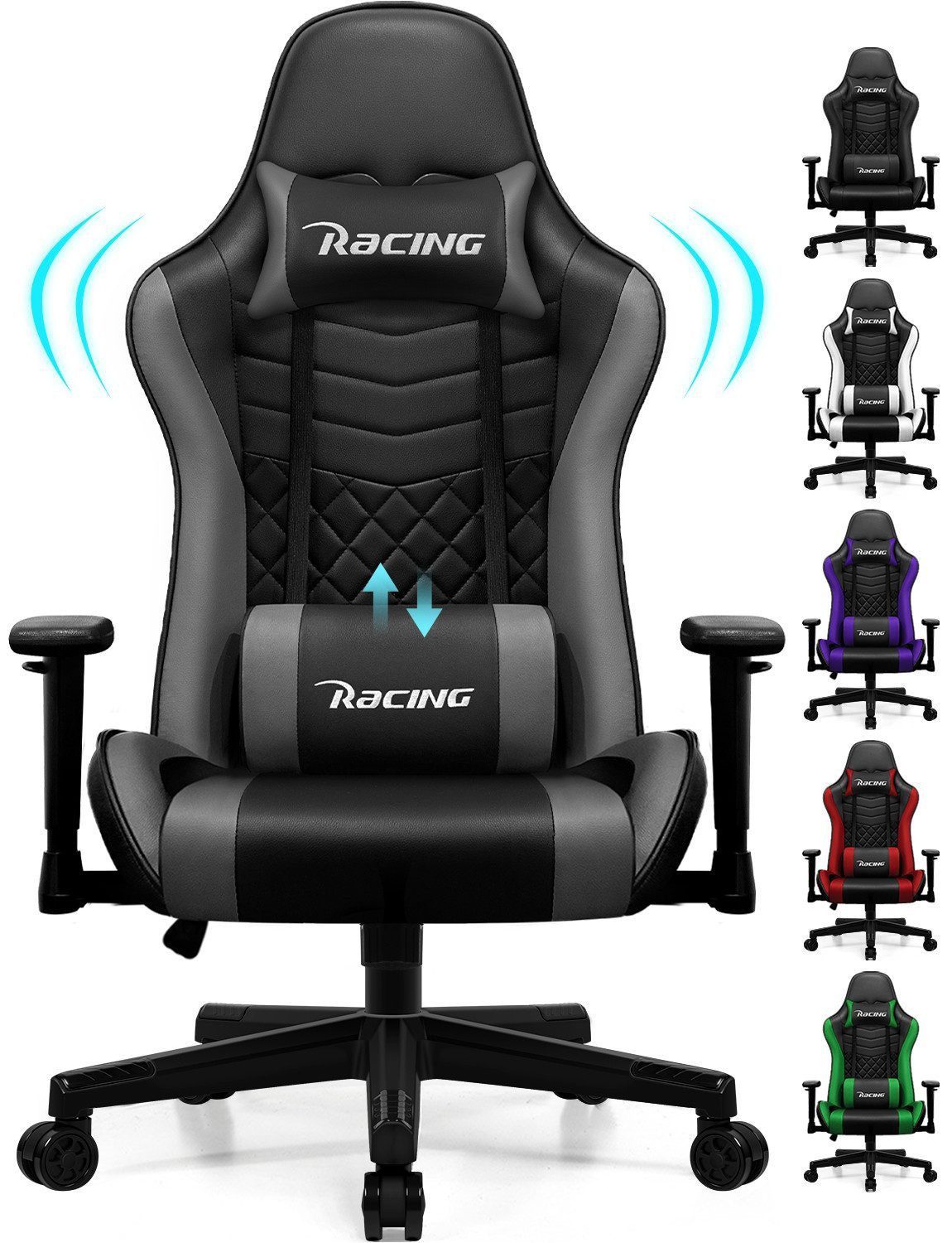Hiazurm Gaming-Stuhl Gaming Stuhl Ergonomisch Gaming Chair Bürostuhl (Gaming Stuhl Armlehne Verstellbar 8cm), Drehstuhl mit Lendenkissen Kopfkissen, bis 150 kg Belastbarkeit