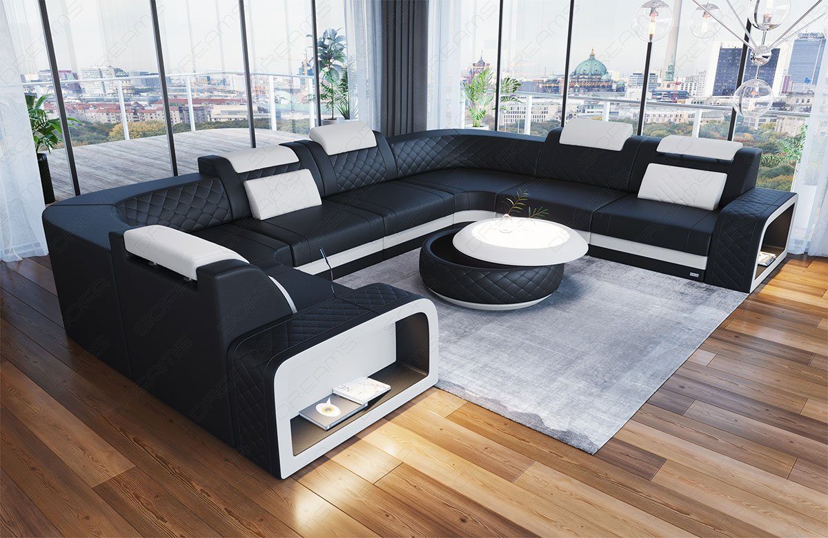 Sofa Dreams Wohnlandschaft Foggia U Form Leder, LED-Beleuchtung, Couch, 6-Sitzer, Kopfstützen, USB-Anschluss