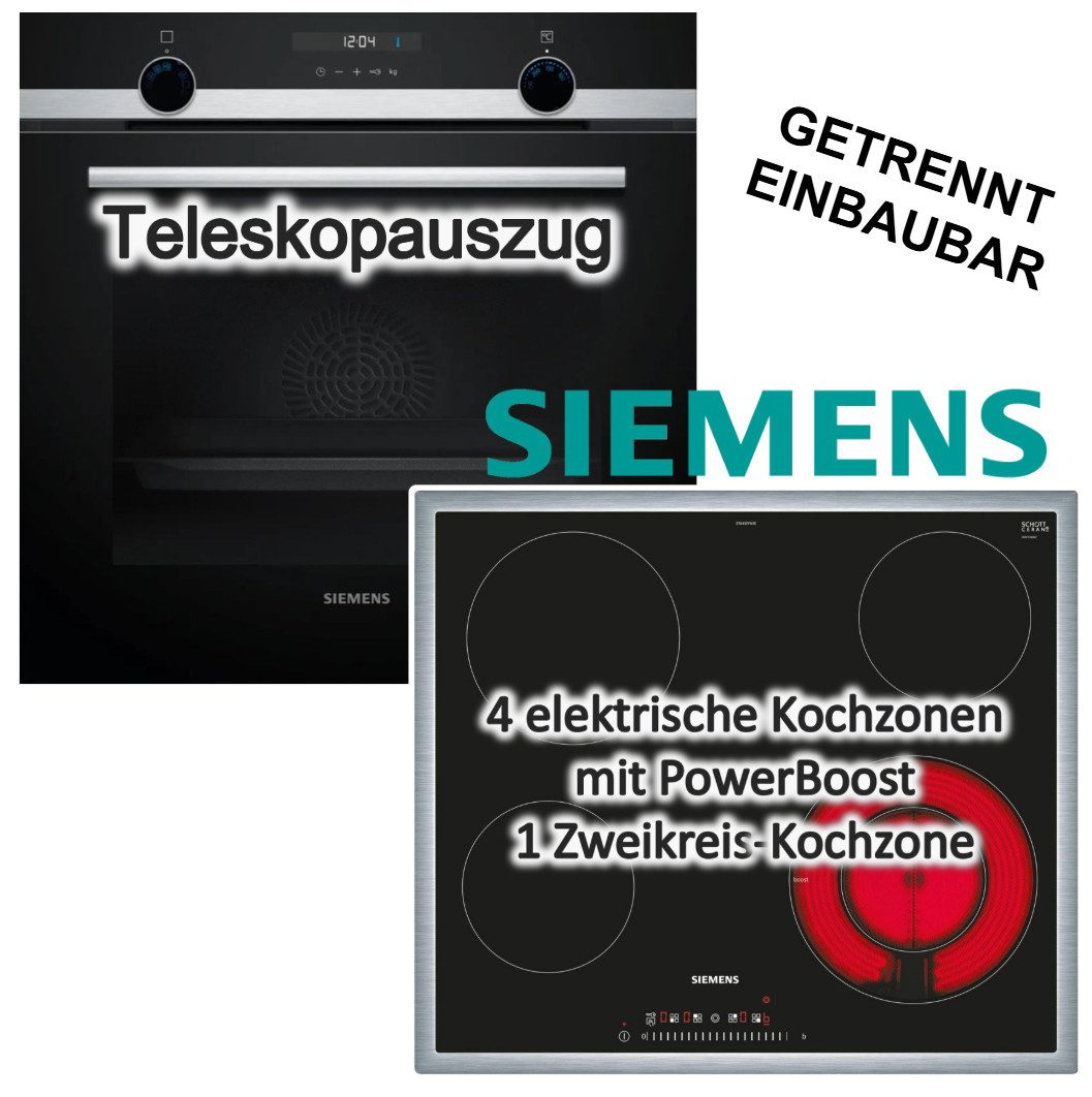 SIEMENS Backofen-Set Backofen Hydrolyse Heißluft Teleskopauszug + Elektrokochfeld Booster, mit 1-fach Teilauszug, Hydrolyse