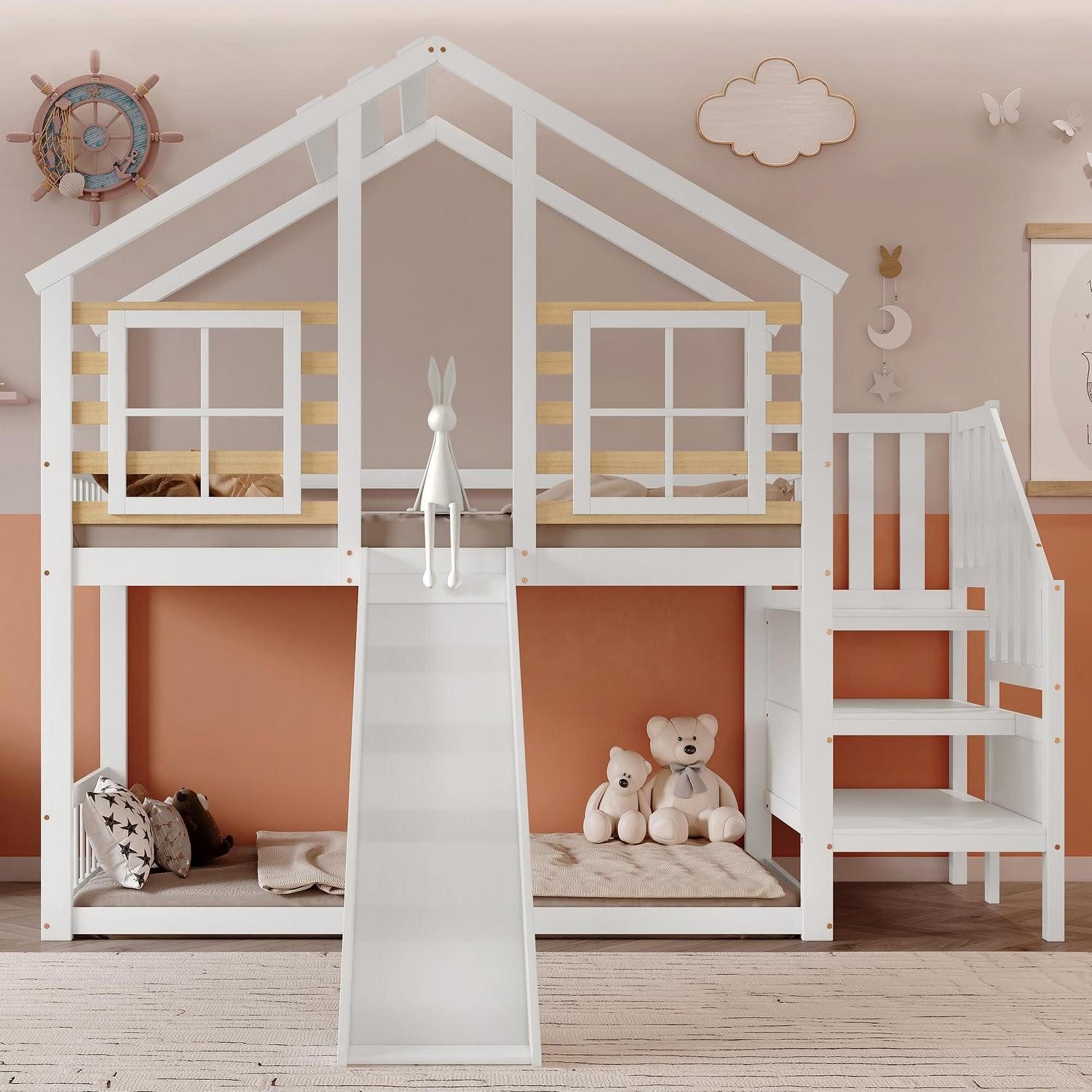 LuxusKollektion Spielbett Hochbett mit Rutsche und Fenster 90x200 weiß