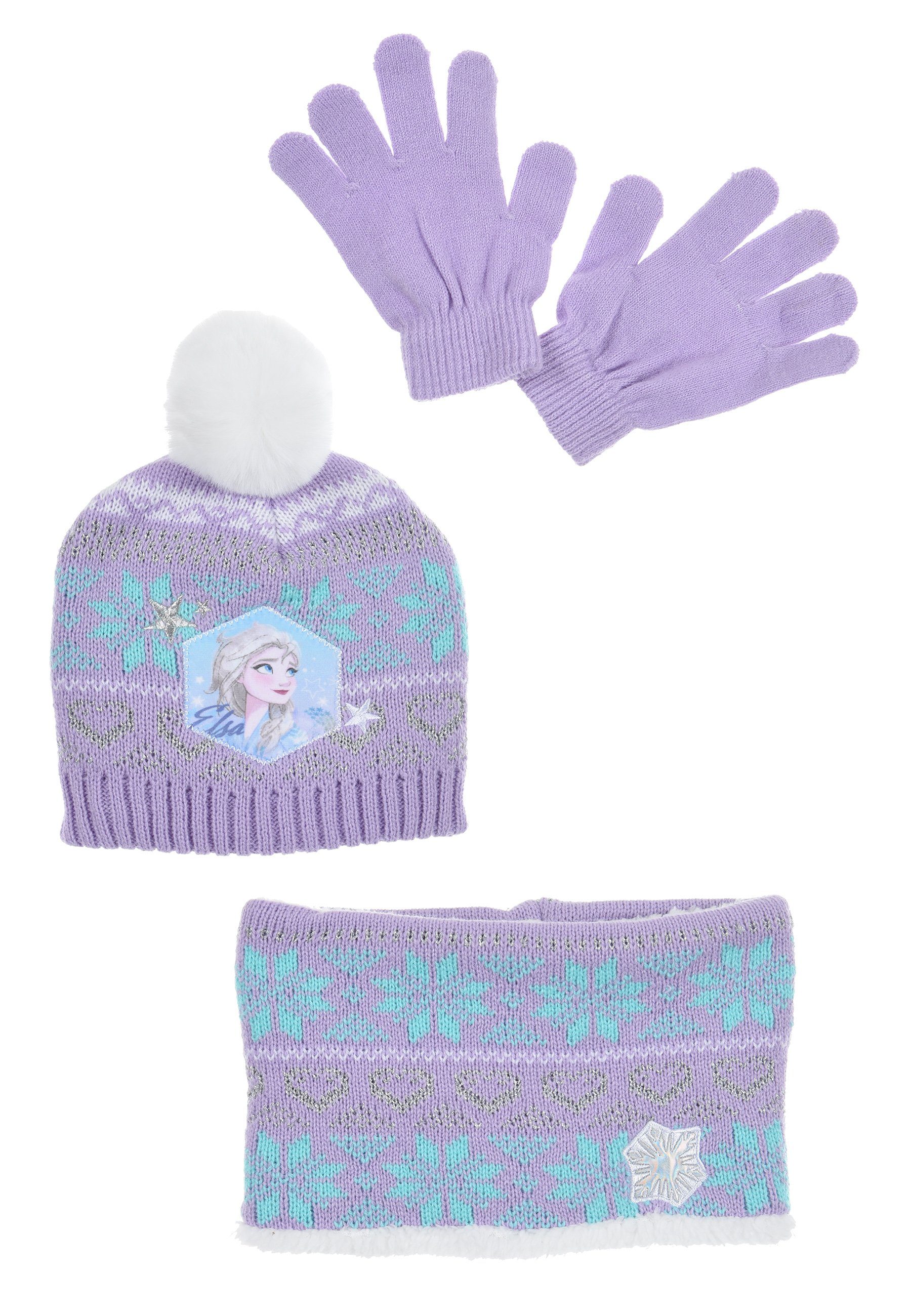 Disney Frozen Bommelmütze Mädchen Kinder Winter-Set 3 tlg. Mütze, Schal & Handschuhe (SET) Lila